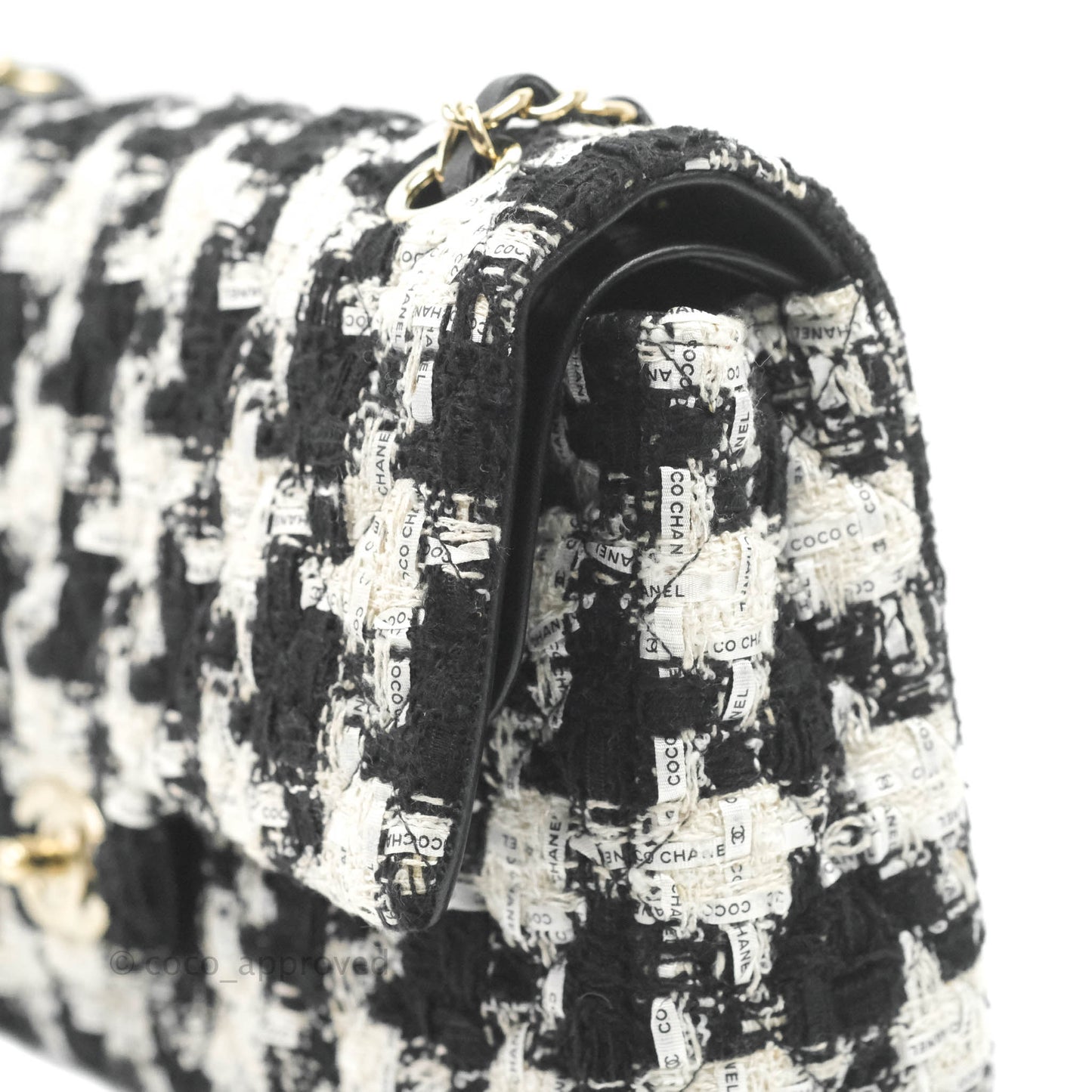Chanel Quilted M/L Medium Double Flap Black White Houndstooth Tweed Gold Hardware