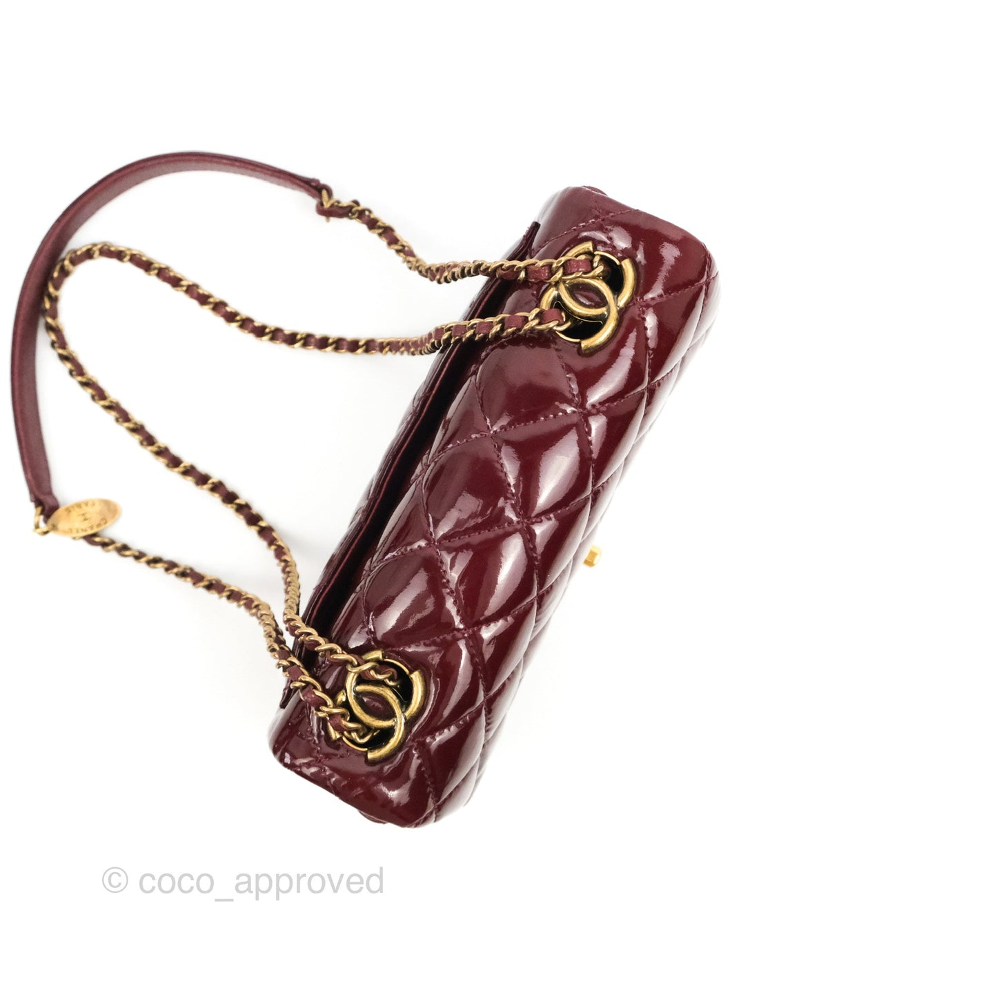 Chanel Quilted CC Eyelet Flap Burgundy Patent Goatskin Antique Gold Hardware