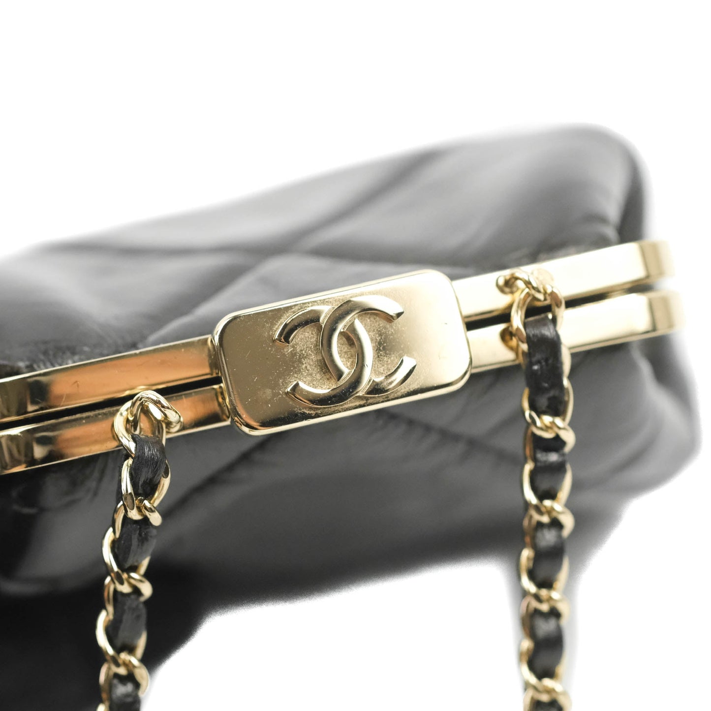 Chanel Kisslock Clutch with Chain Black Shiny Aged Lambskin Gold Hardware
