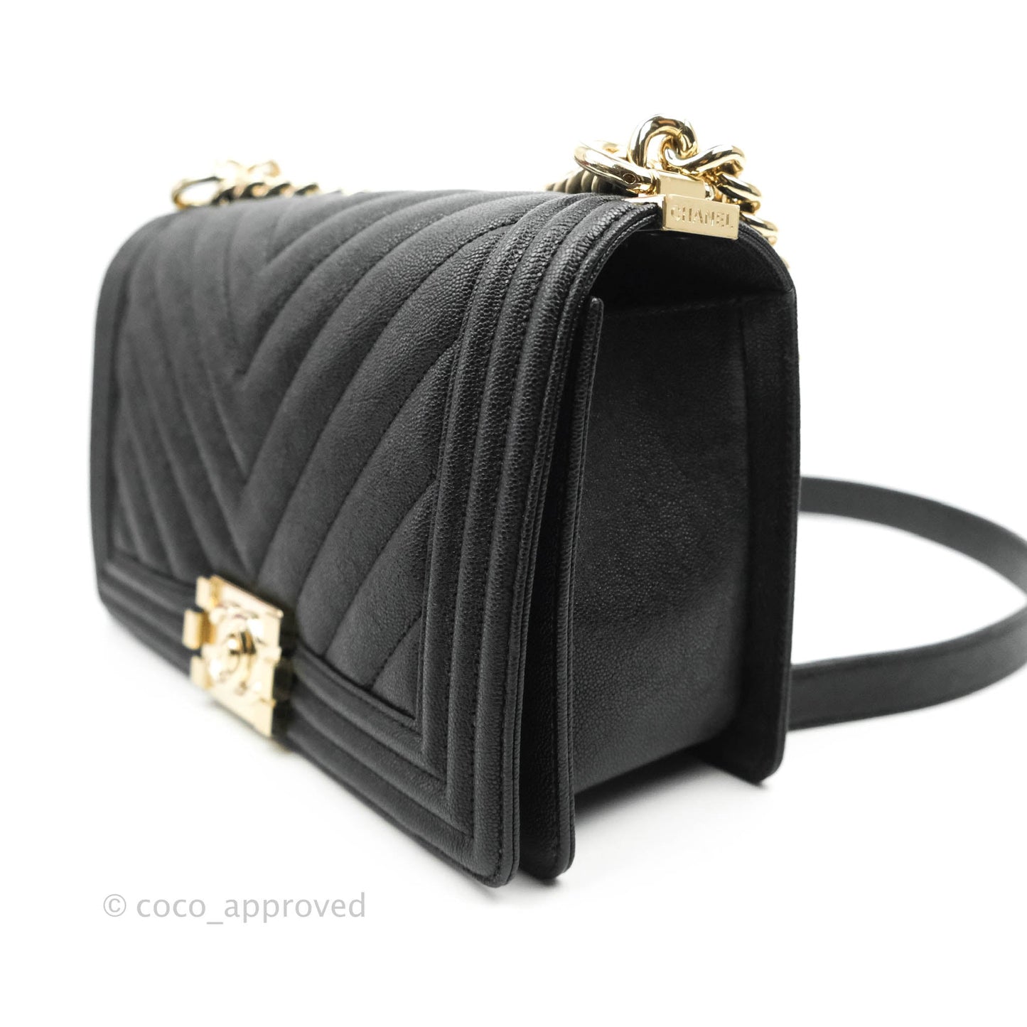 Chanel Chevron Medium Boy Black Grained Calfskin Gold Hardware