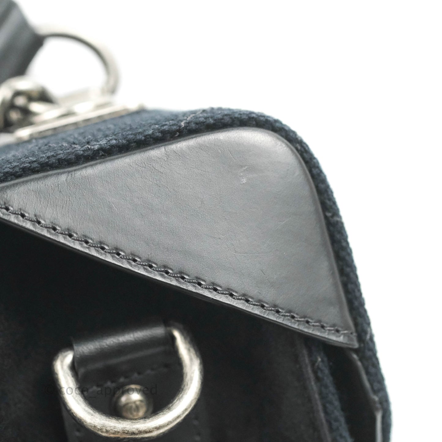 Chanel Quilted CC Top Handle with Chain Dark Navy Fabric Ruthenium Hardware 15P