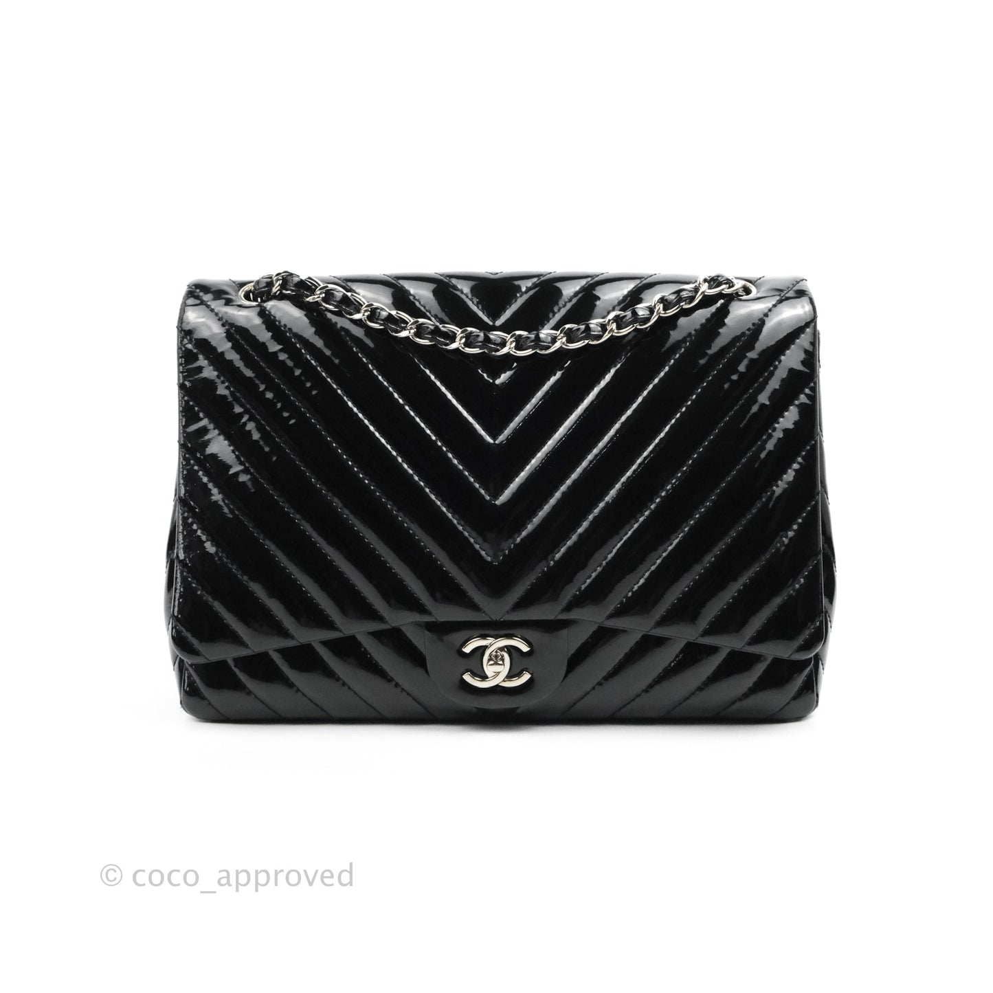 Chanel Single Flap Maxi Chevron Black Patent Silver Hardware
