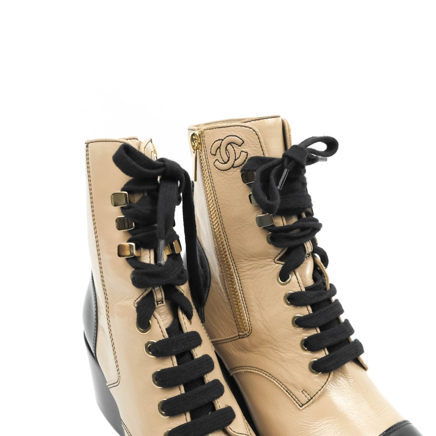 Chanel Beige Black Calfskin CC Lace Up Short Boots 37.5