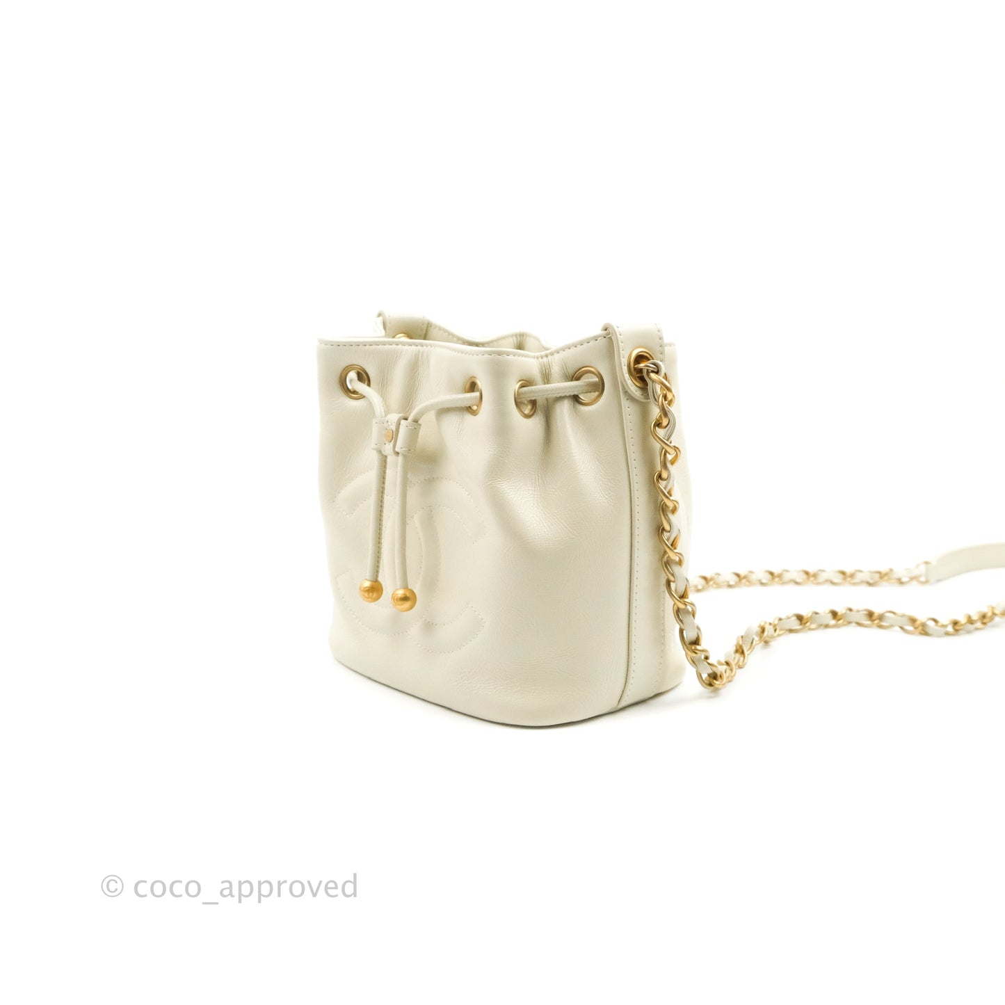 Chanel CC Small Drawstring Bucket Bag White Calfskin Aged Gold Hardware