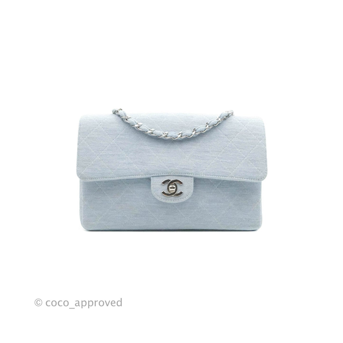 Chanel Jersey Quilted Medium Flap Light Blue Silver Hardware