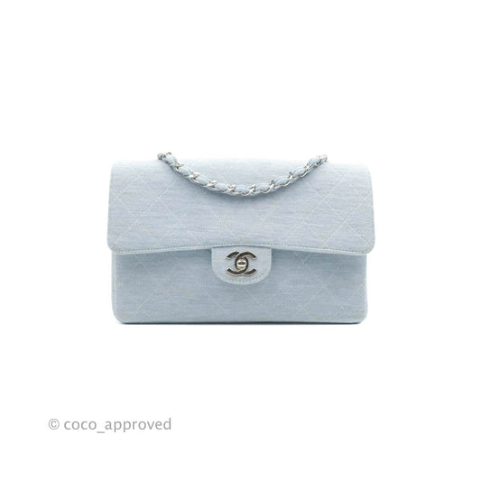 Chanel Jersey Quilted Medium Flap Light Blue Silver Hardware