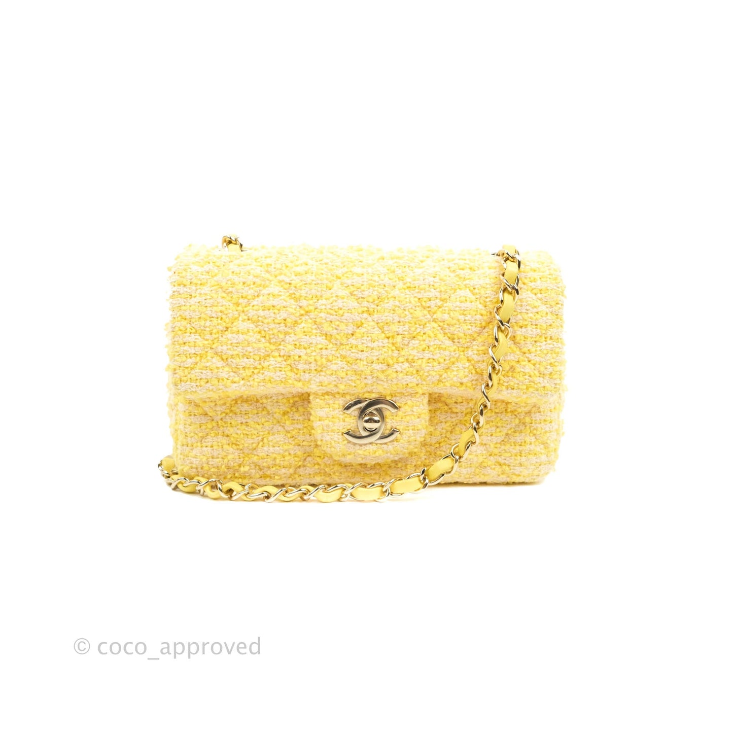Chanel Classic Mini Rectangular Flap Yellow Tweed Gold Hardware