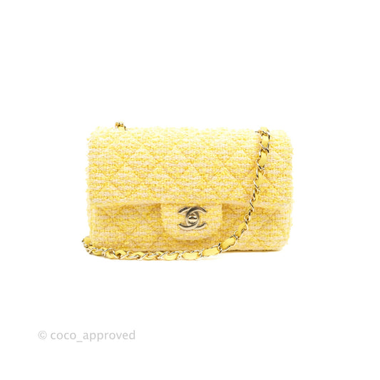 Chanel Classic Mini Rectangular Flap Yellow Tweed Gold Hardware