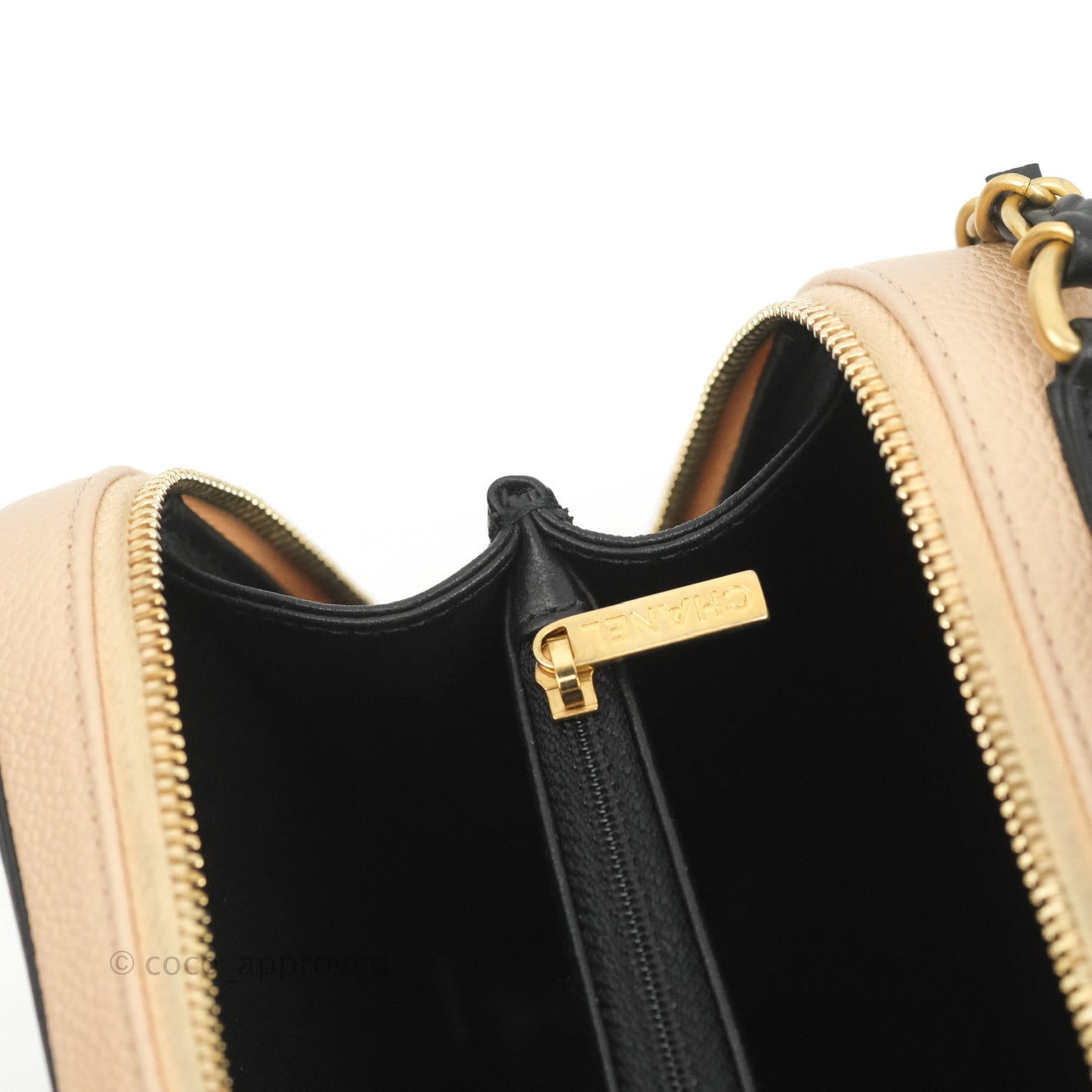 Chanel Quilted Medium CC Filigree Vanity Case Beige Caviar Aged Gold Hardware