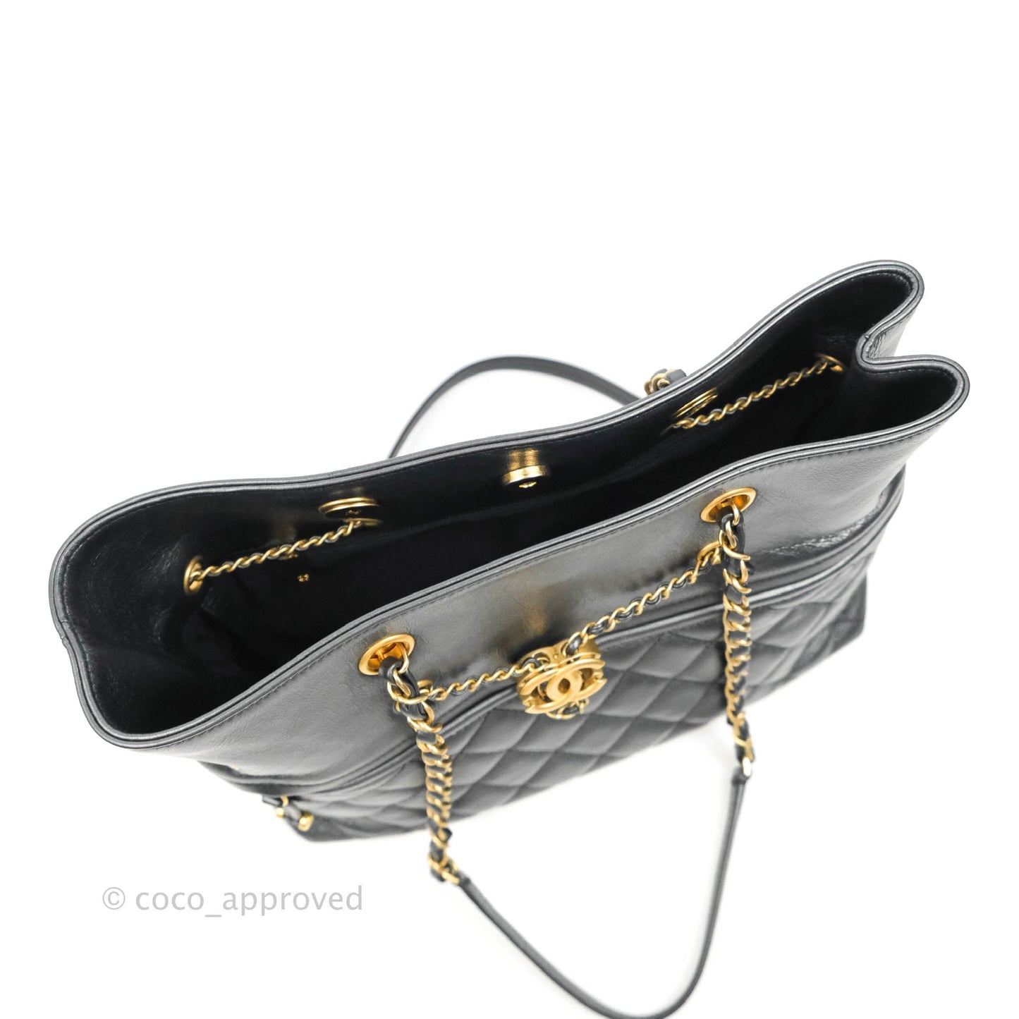 Chanel Quilted Drawstring Shopping Tote Bag Metallic Dark Grey Aged Calfskin Aged Gold Hardware