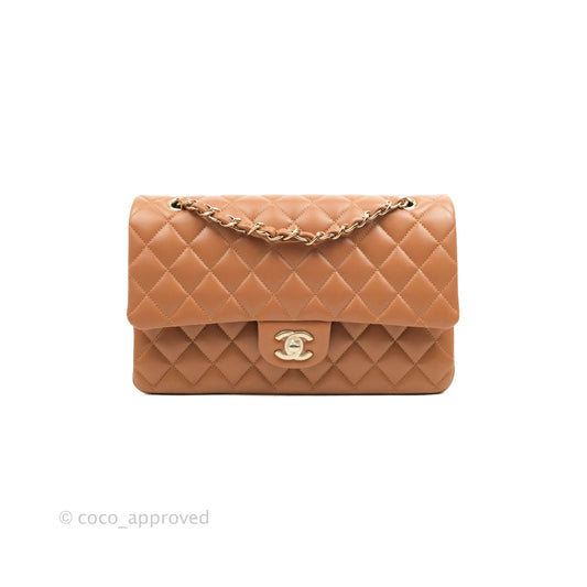Chanel Classic M/L Medium Flap Quilted Dark Beige Caramel Lambskin Gold Hardware