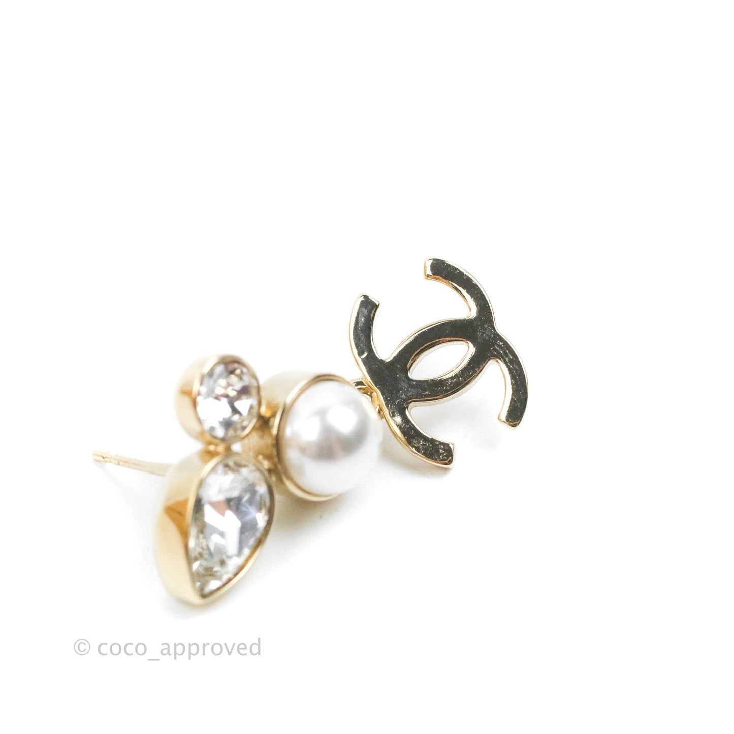Chanel Crystal Pearl CC Drop Earrings Gold Tone 22C