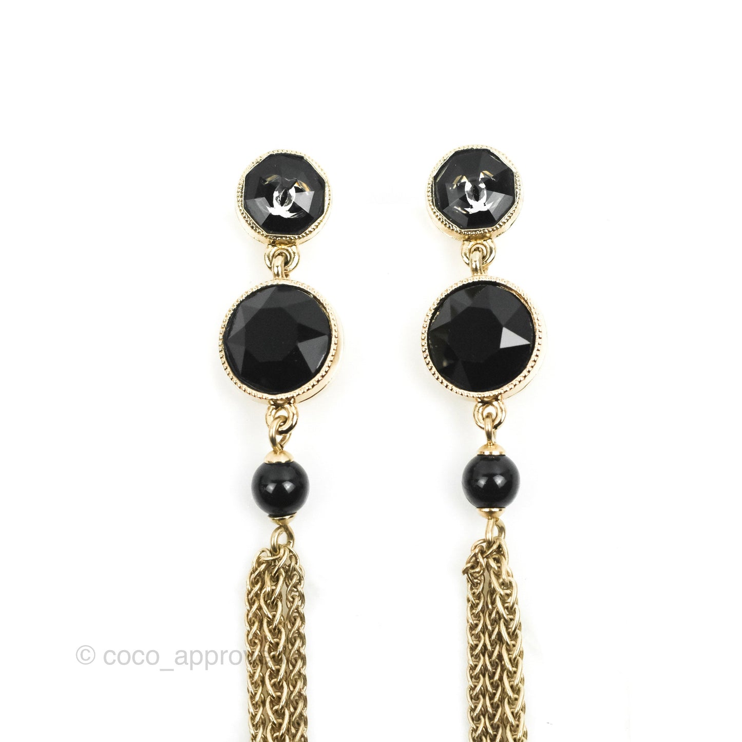 Chanel Black Resin Bead Long Drop Earrings Gold Tone 18B