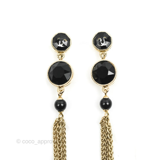 Chanel Black Resin Bead Long Drop Earrings Gold Tone 18B
