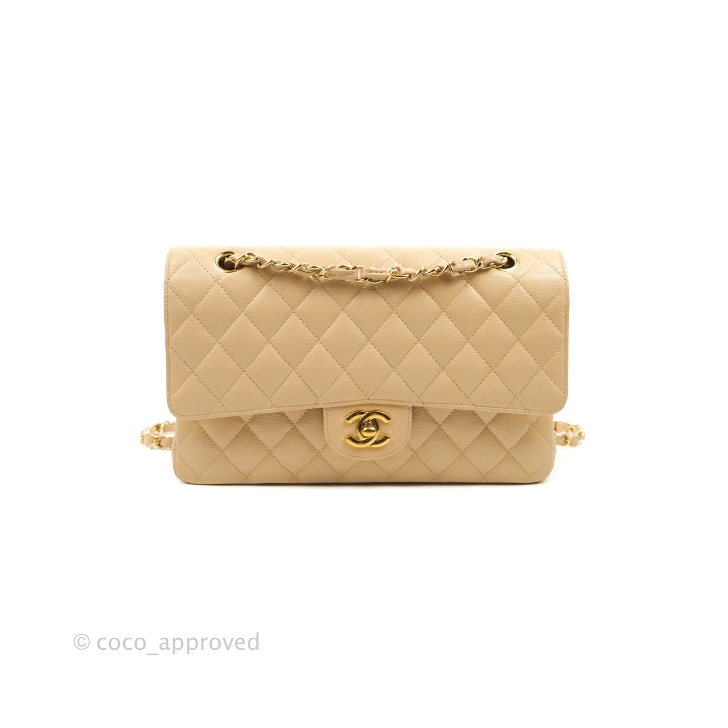 Chanel Classic M/L Medium Flap Quilted Beige Caviar Gold Hardware