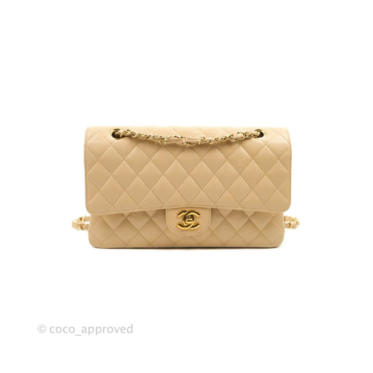 Chanel Classic M/L Medium Flap Quilted Beige Caviar Gold Hardware