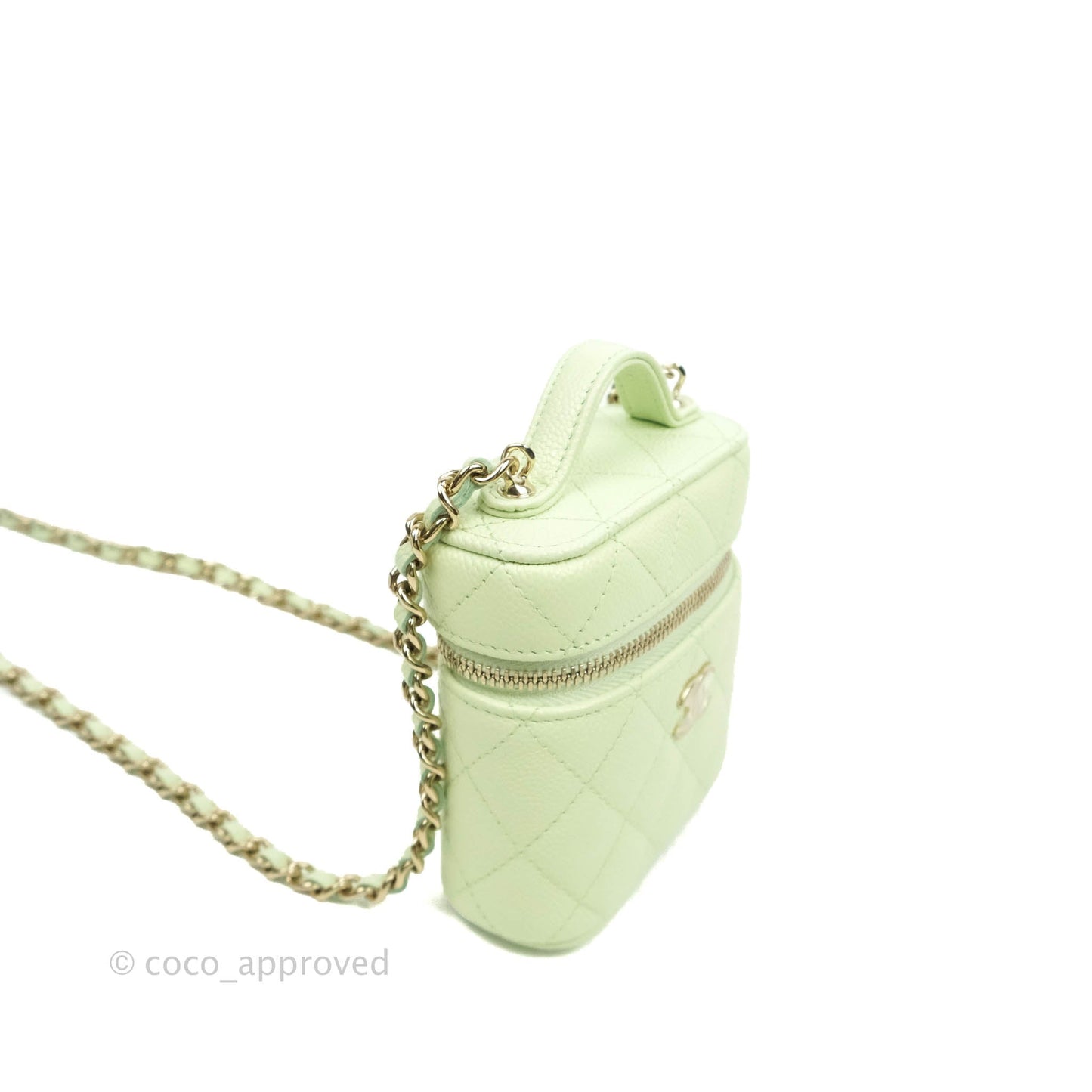 Chanel Quilted Small Handle With Care Vanity Case With Chain Green Caviar Gold Hardware