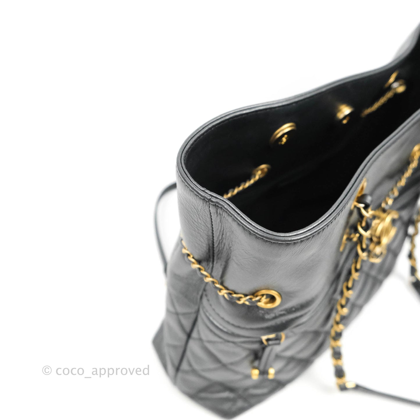 Chanel Quilted Drawstring Shopping Tote Bag Metallic Dark Grey Aged Calfskin Aged Gold Hardware