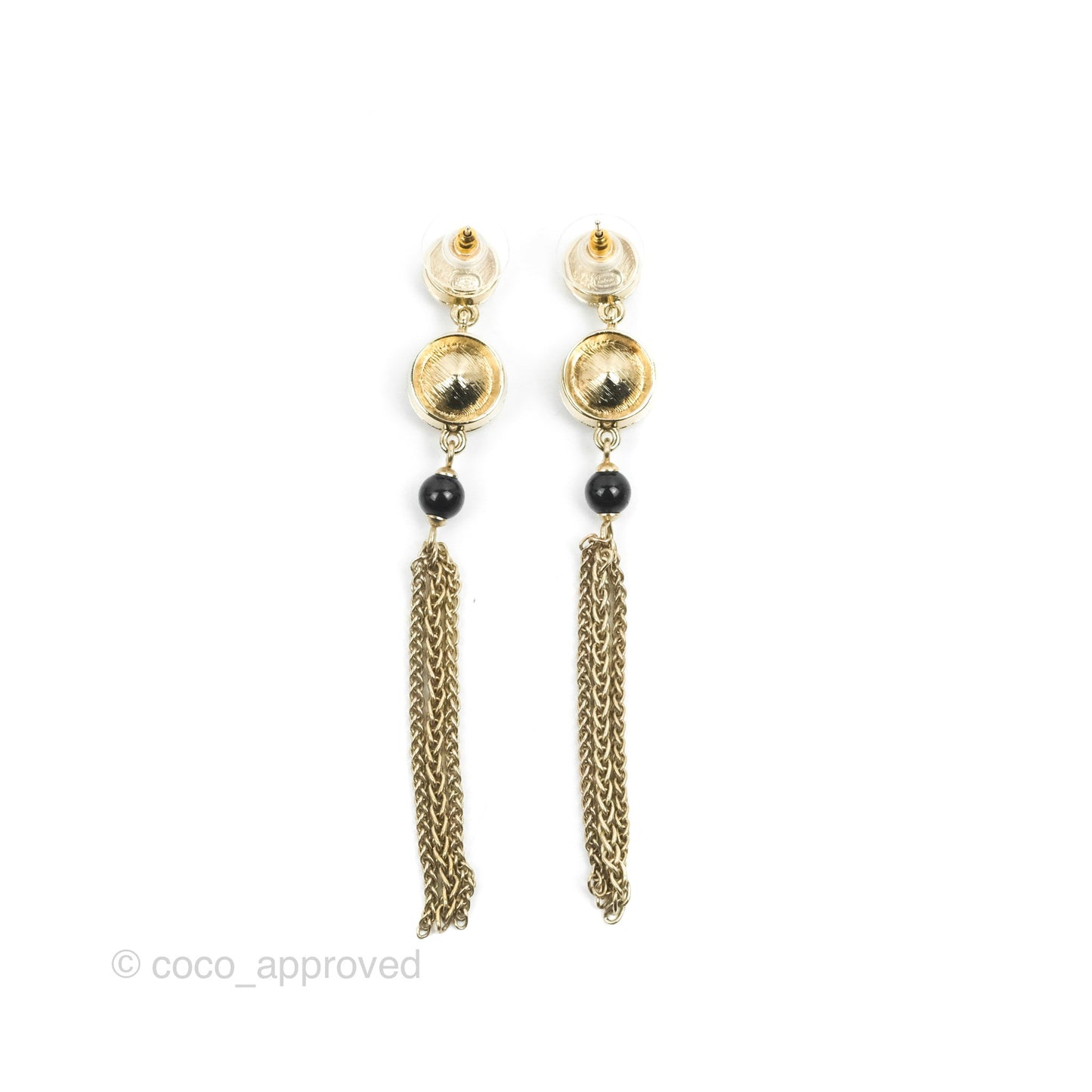 Chanel Black Resin Bead Long Drop Earrings Gold Tone 18B