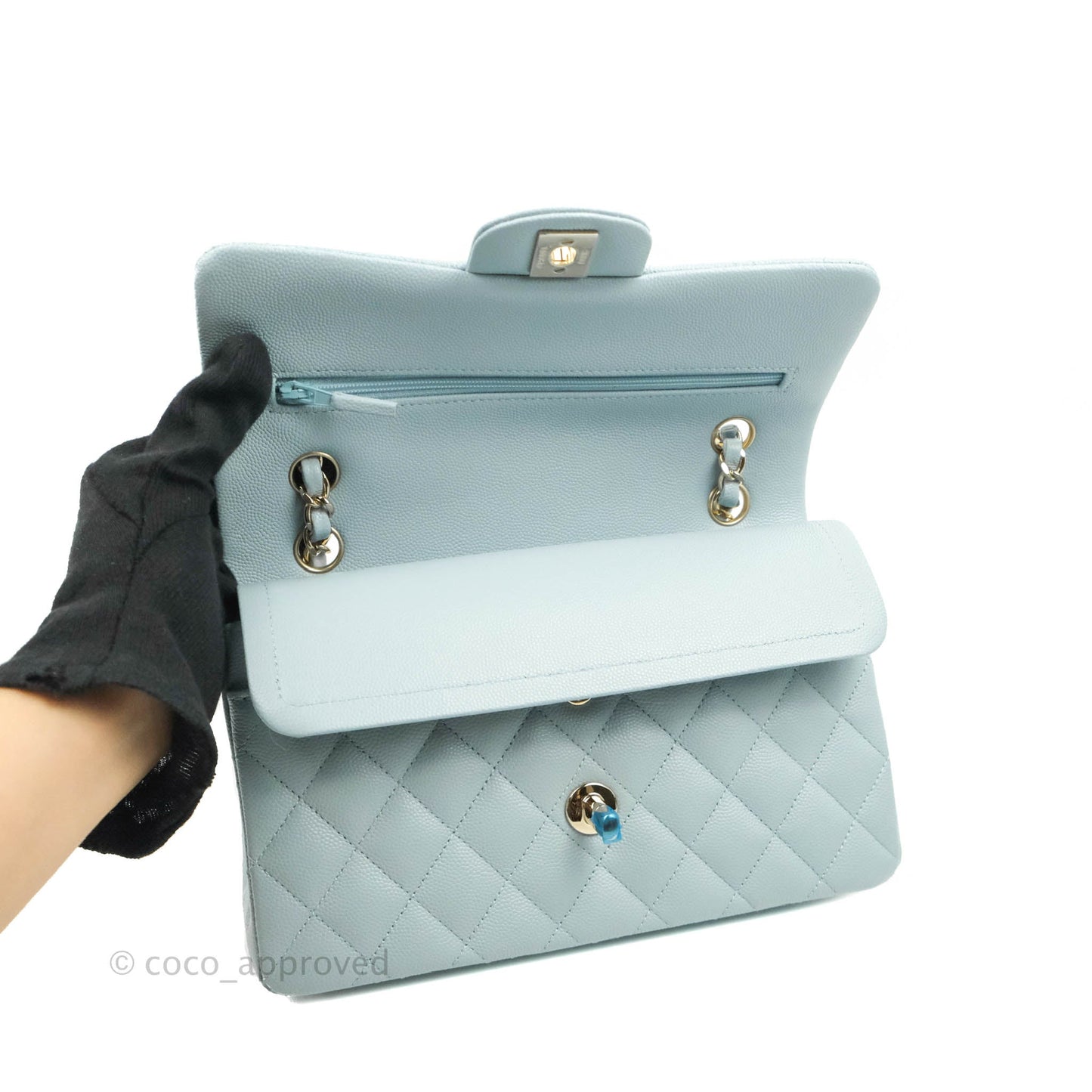 Chanel Small Classic Quilted Flap Light Blue Caviar Gold Hardware