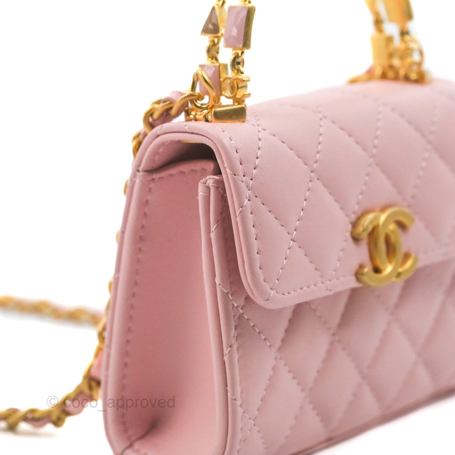 Chanel Enamel Top Handle Clutch with Chain Pink Lambskin Aged Gold Hardware
