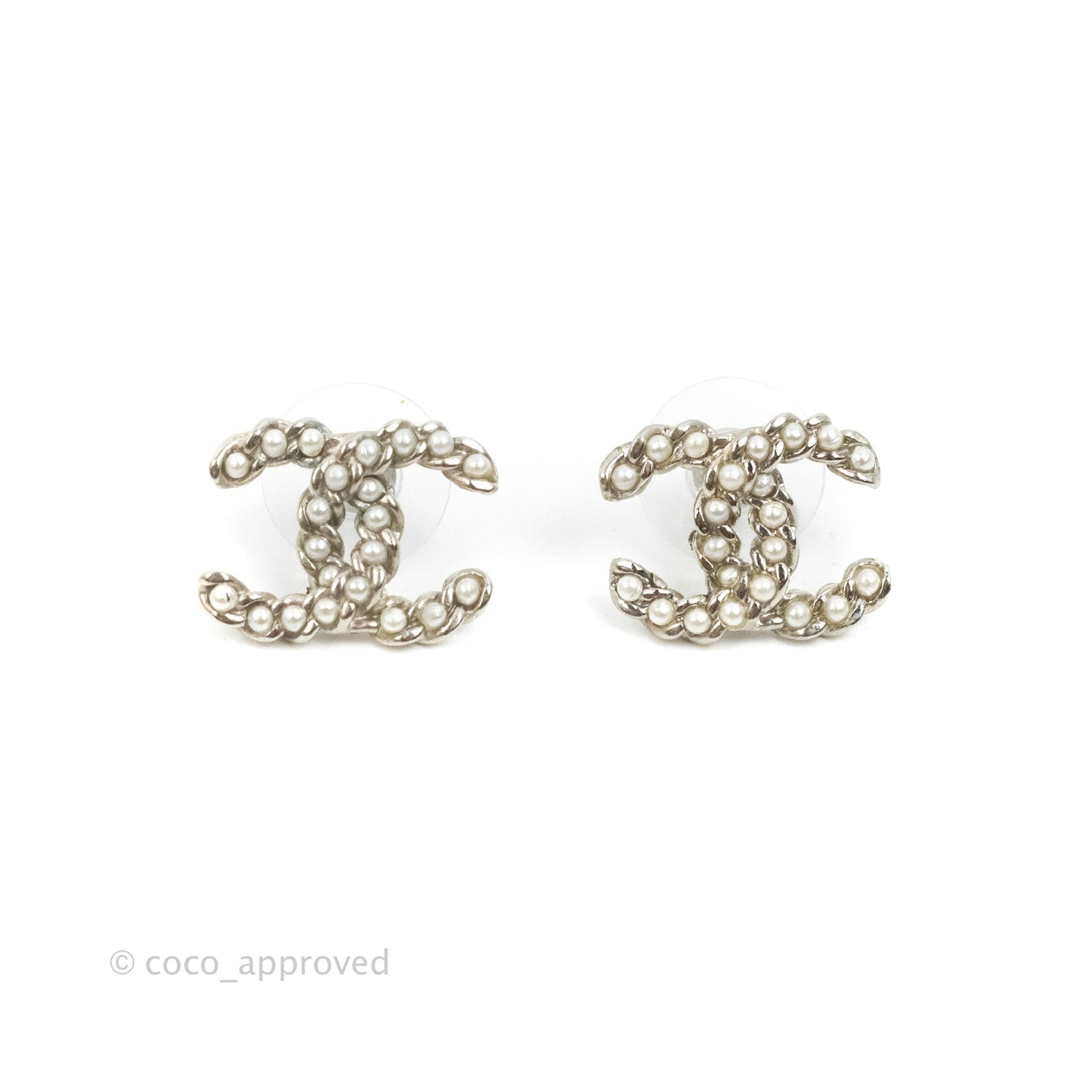 Chanel CC Pearl Earrings Silver Hardware 15P