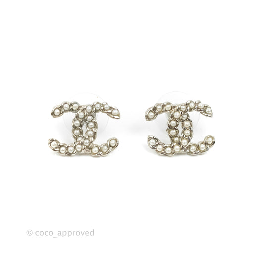 Chanel CC Pearl Earrings Silver Hardware 15P