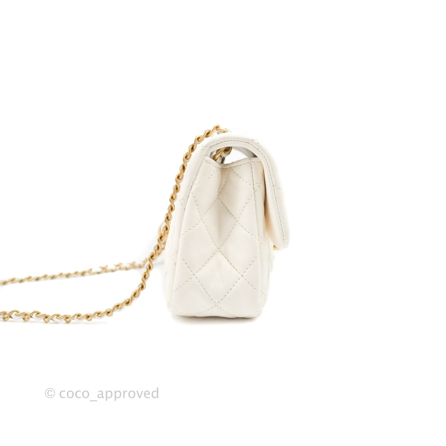 Chanel Mini Rectangular Pearl Crush Quilted White Lambskin Aged Gold Hardware