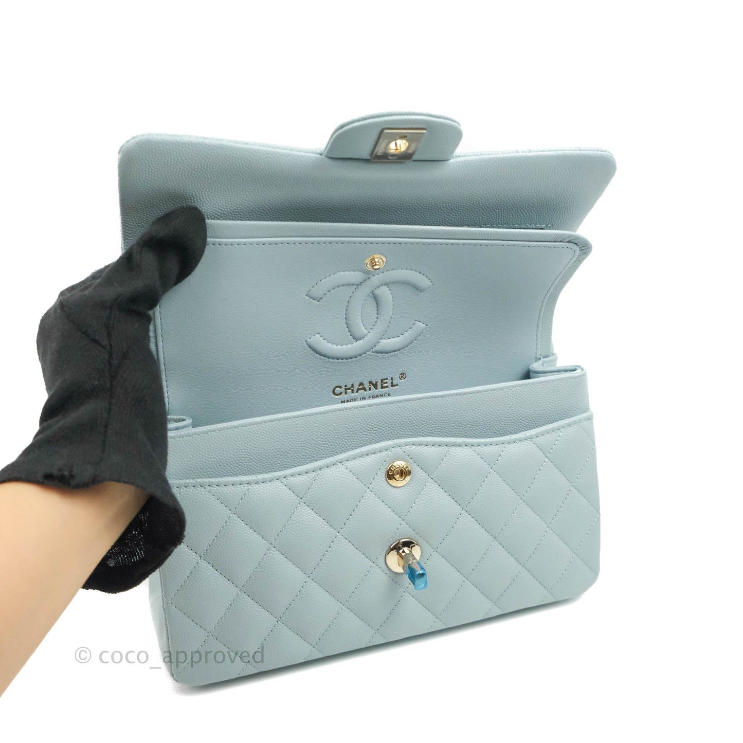Chanel Small Classic Quilted Flap Light Blue Caviar Gold Hardware