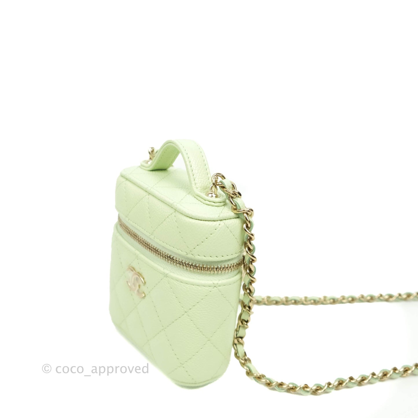 Chanel Quilted Small Handle With Care Vanity Case With Chain Green Caviar Gold Hardware