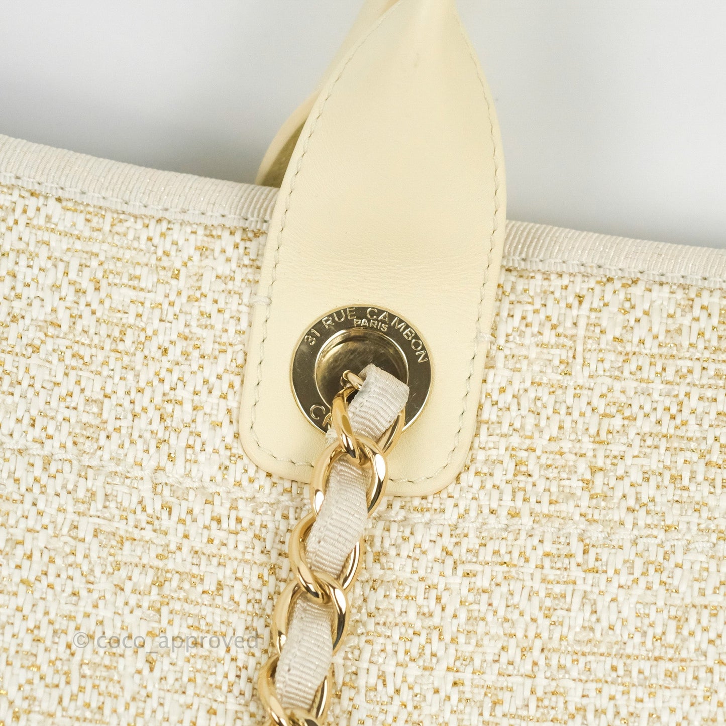 Chanel Large Deauville Ivory/Gold Canvas Gold Hardware