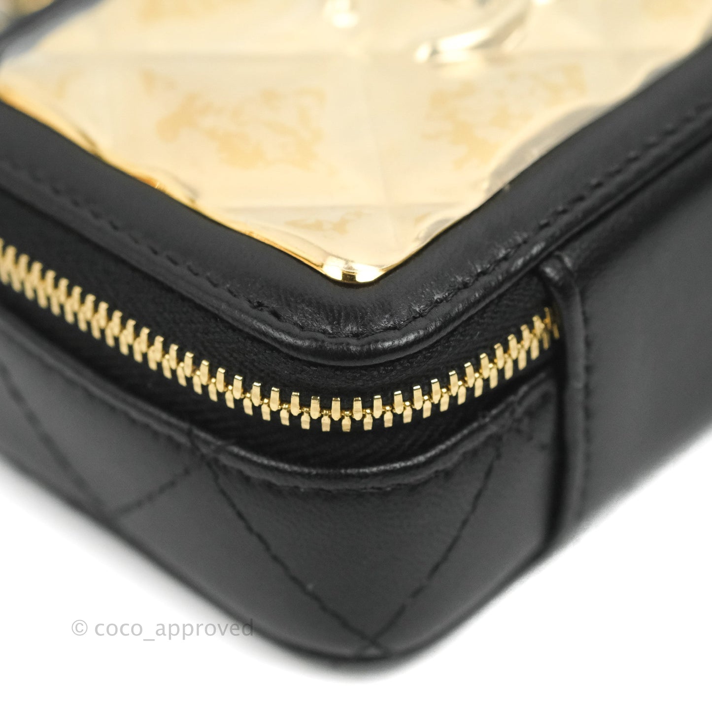 Chanel Quilted Mini Golden Plate Vanity Case With Chain Black Lambskin Gold Hardware