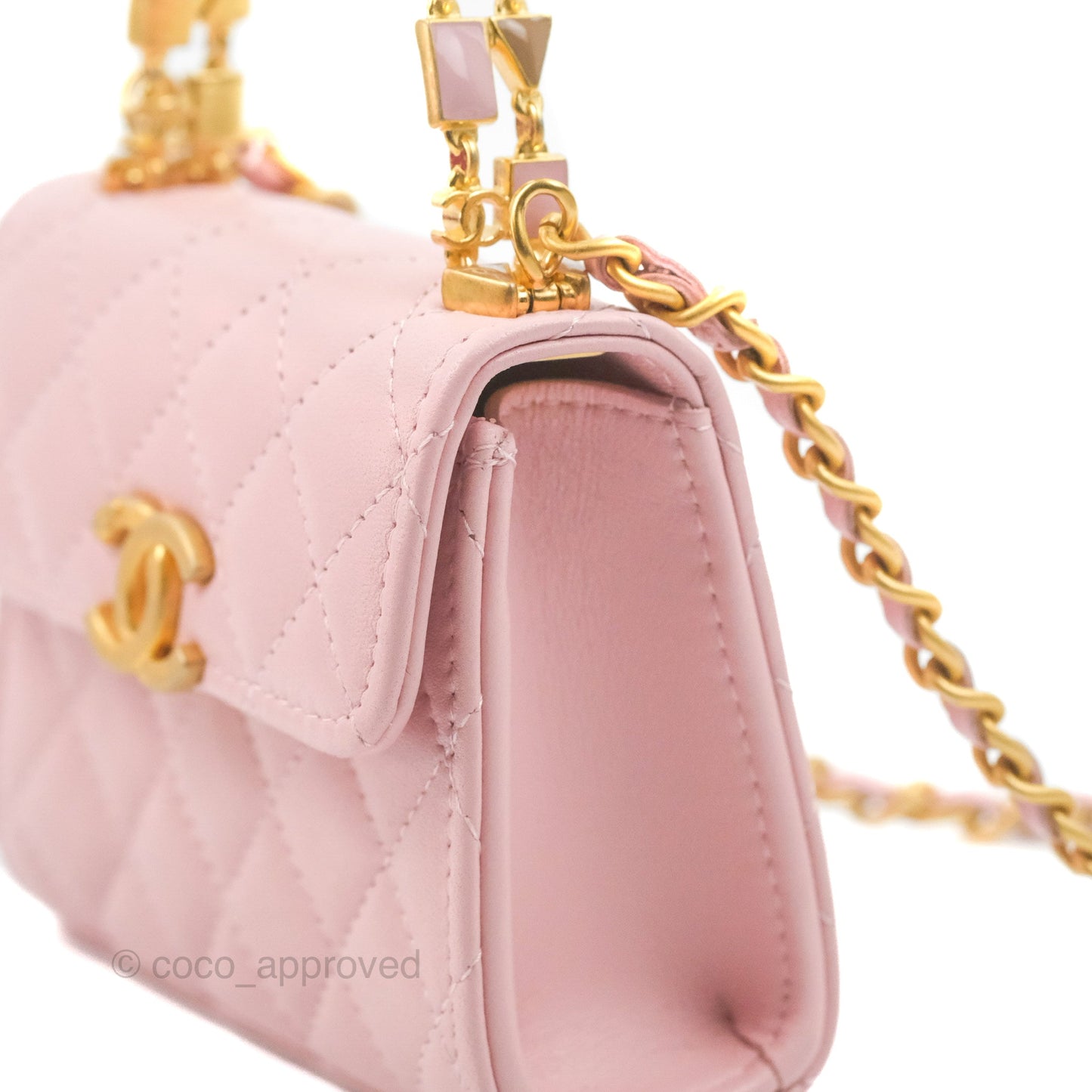 Chanel Enamel Top Handle Clutch with Chain Pink Lambskin Aged Gold Hardware