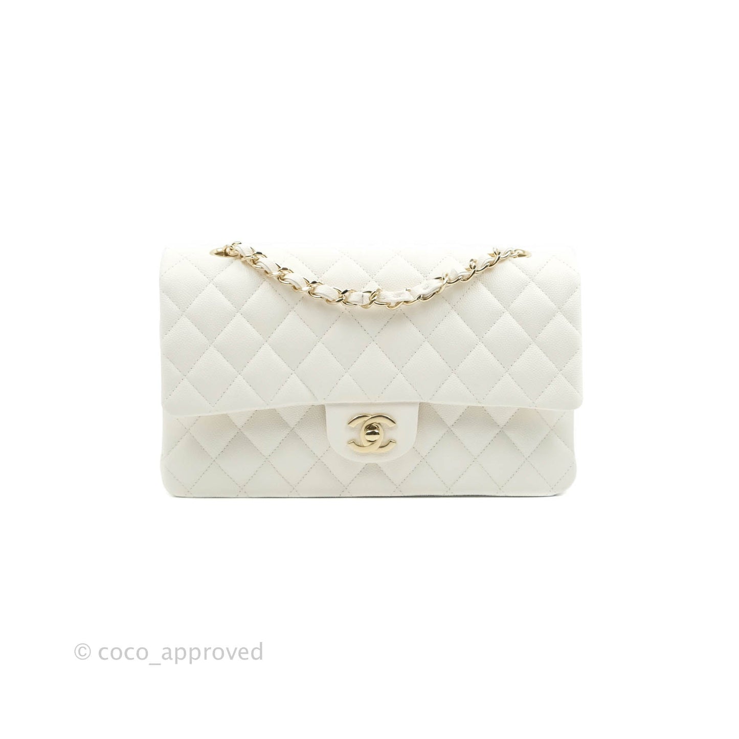 Chanel Classic M/L Medium Double Flap White Caviar Gold Hardware 21B