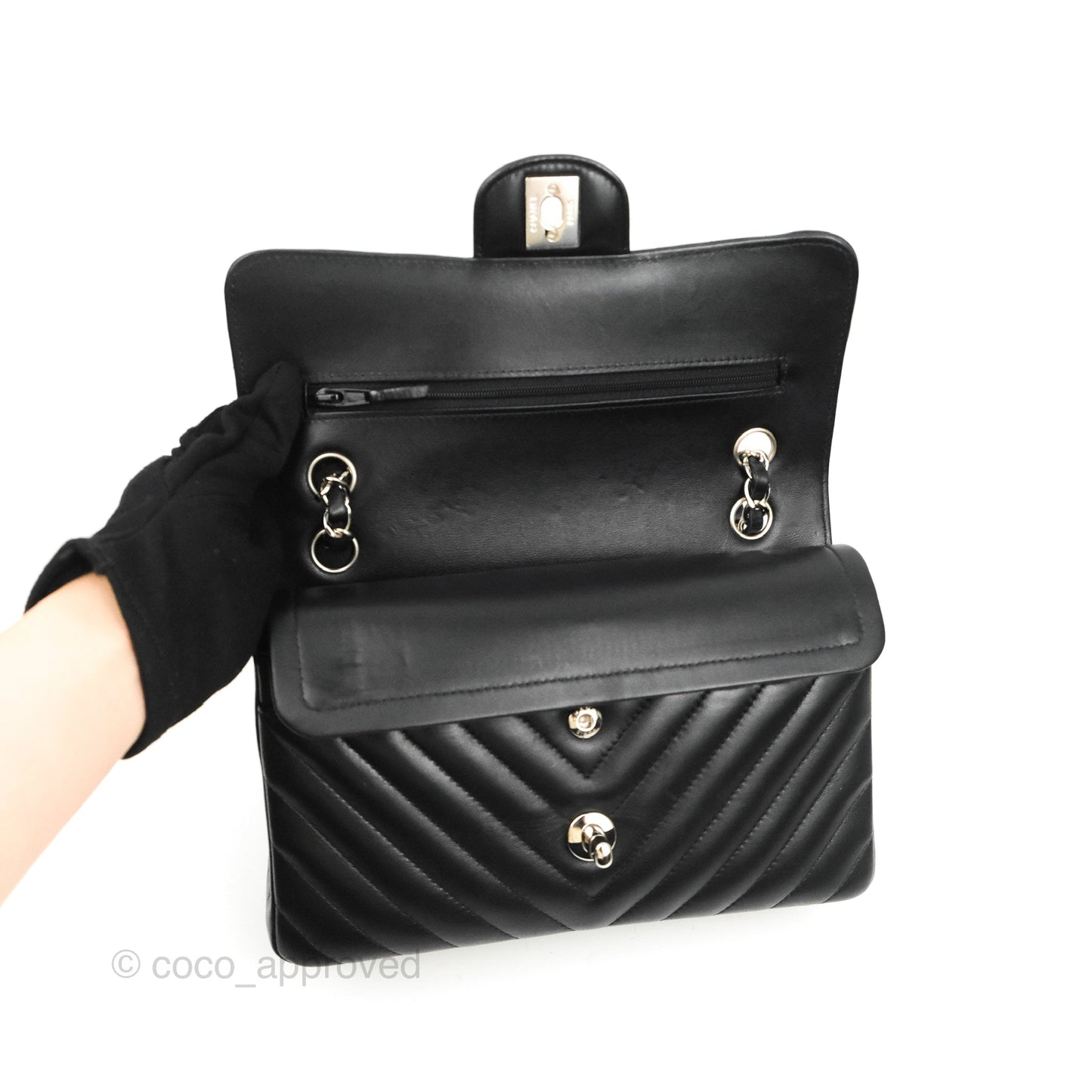 Chanel Small Classic Flap Chevron Black Lambskin Silver Hardware 21C