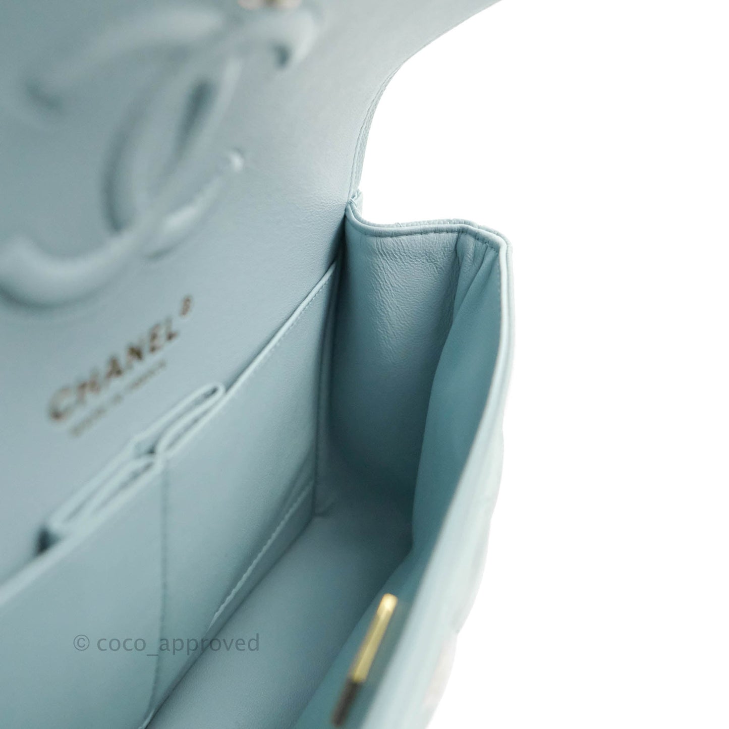 Chanel Small Classic Quilted Flap Light Blue Caviar Gold Hardware