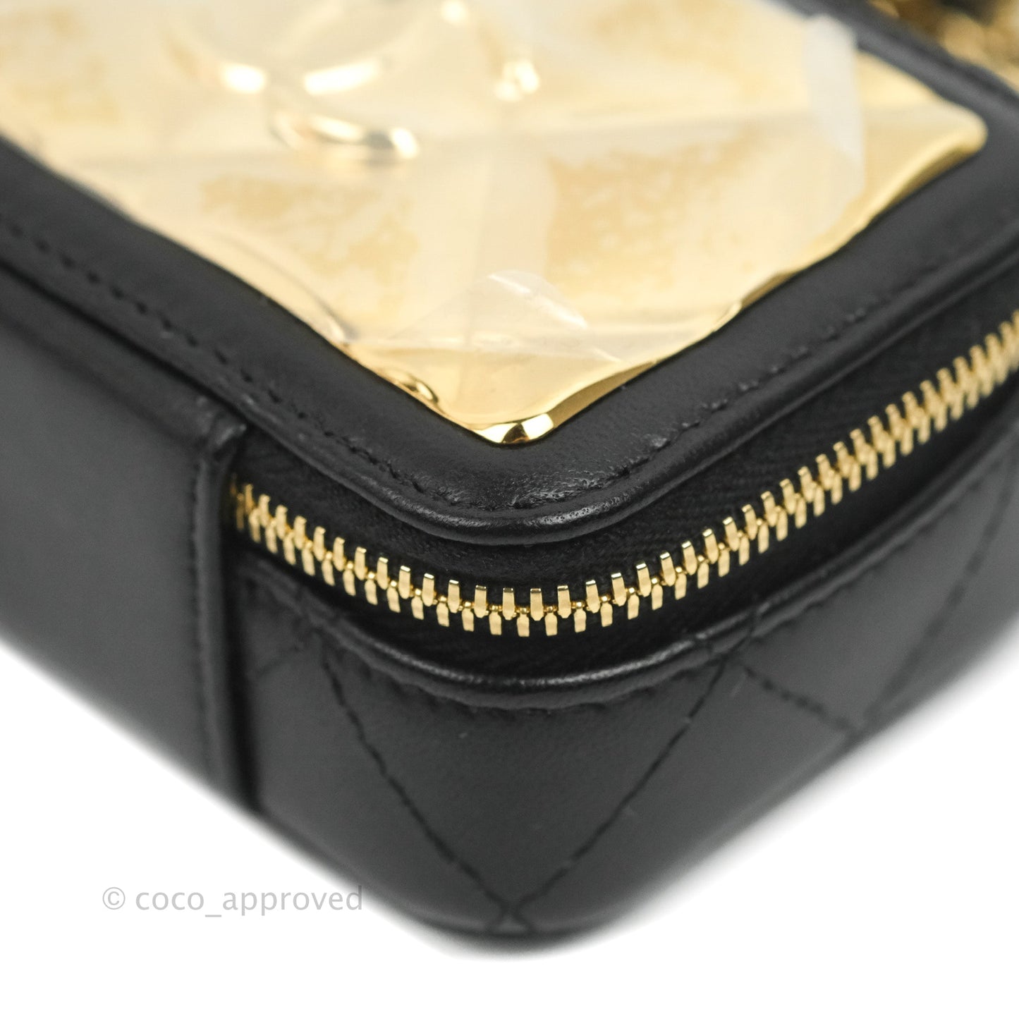 Chanel Quilted Mini Golden Plate Vanity Case With Chain Black Lambskin Gold Hardware