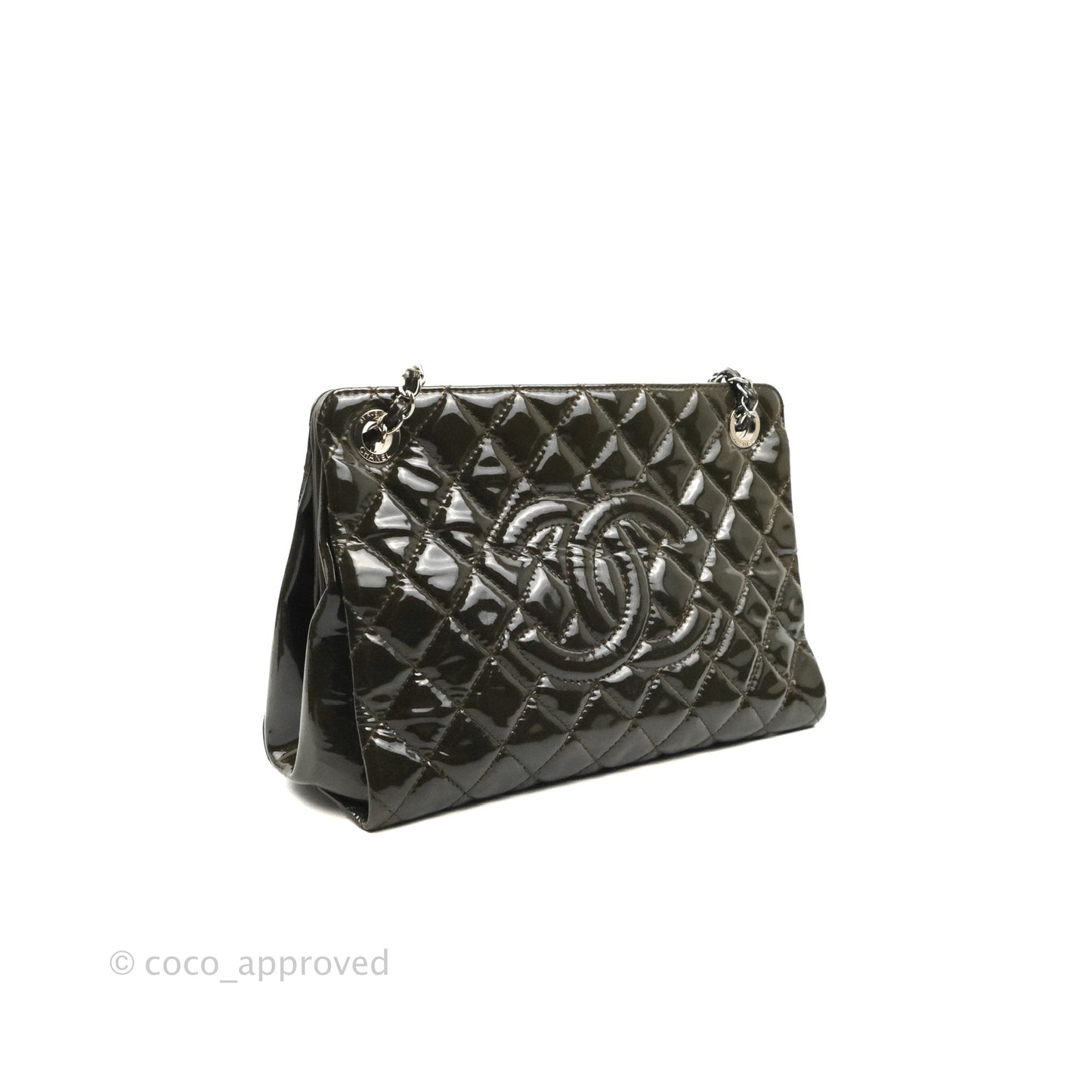 Chanel CC Tote Quilted Dark Green Patent Silver Hardware