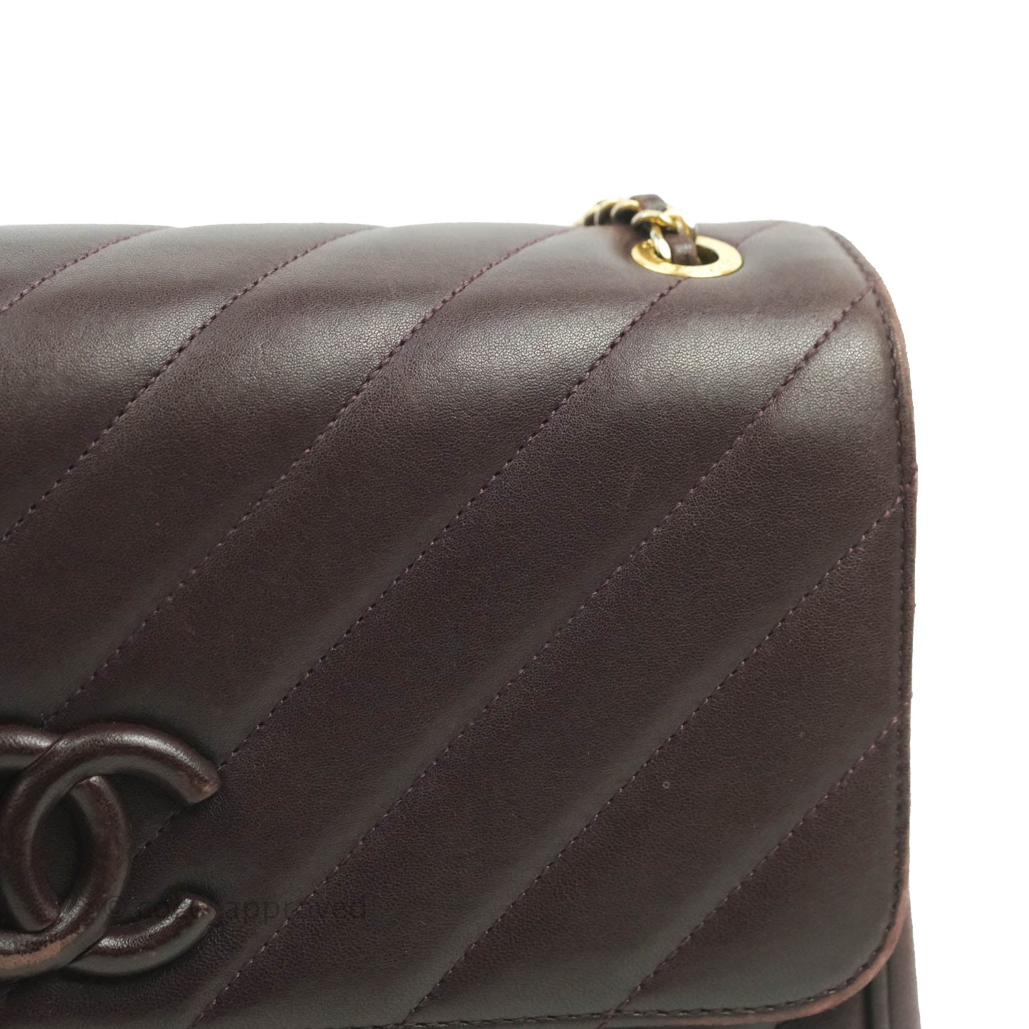 Chanel CC Signature Flap Bag Diagonal Burgundy Calfskin Aged Gold Hardware