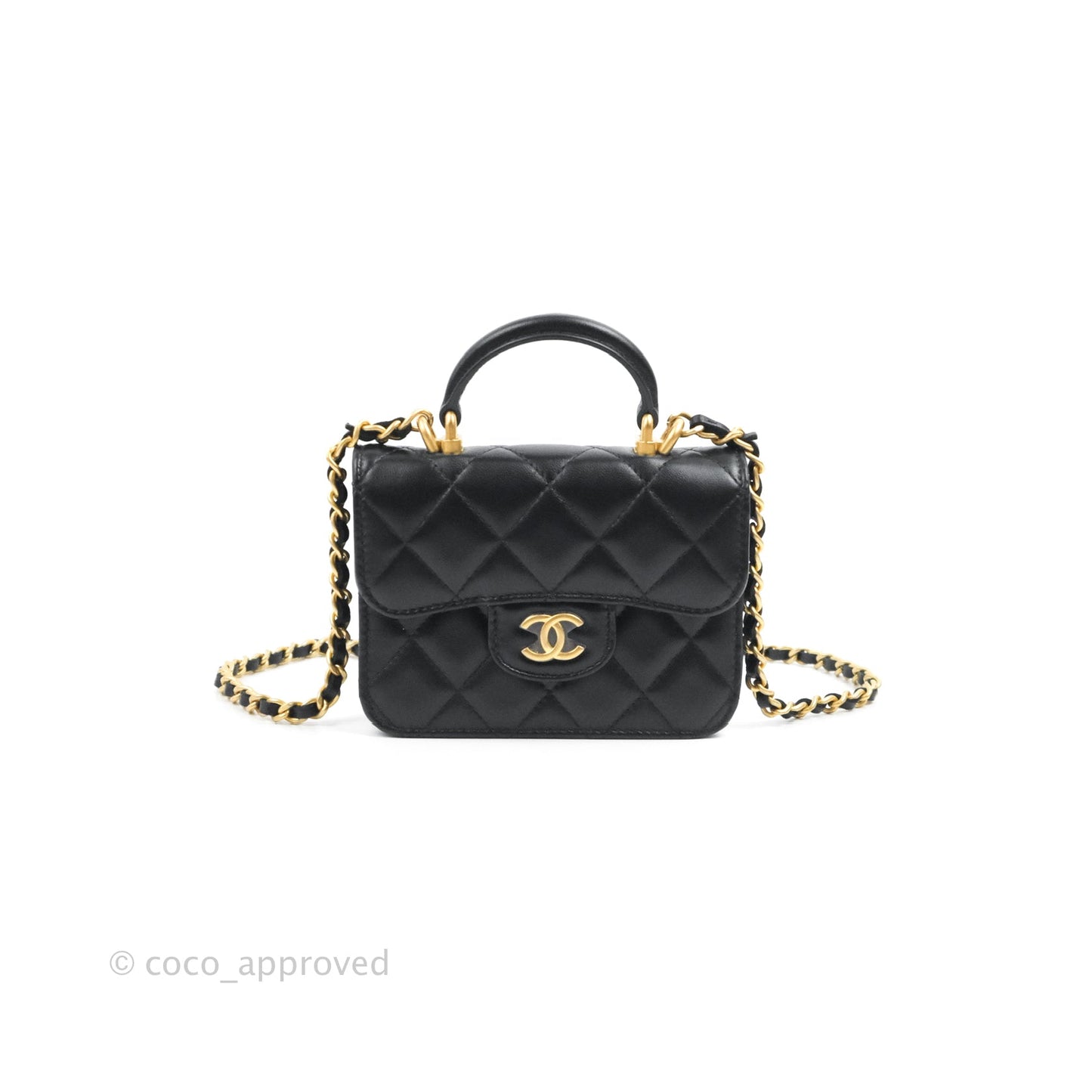 Chanel Mini Handle Flap Coin Purse With Chain Black Lambskin Gold Hardware
