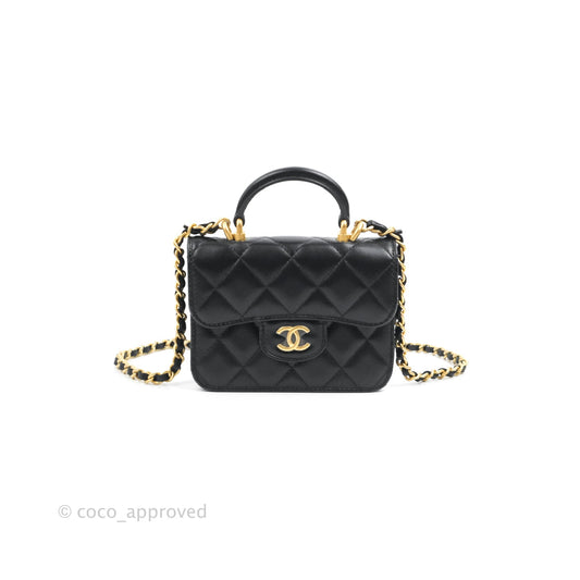 Chanel Mini Handle Flap Coin Purse With Chain Black Lambskin Gold Hardware