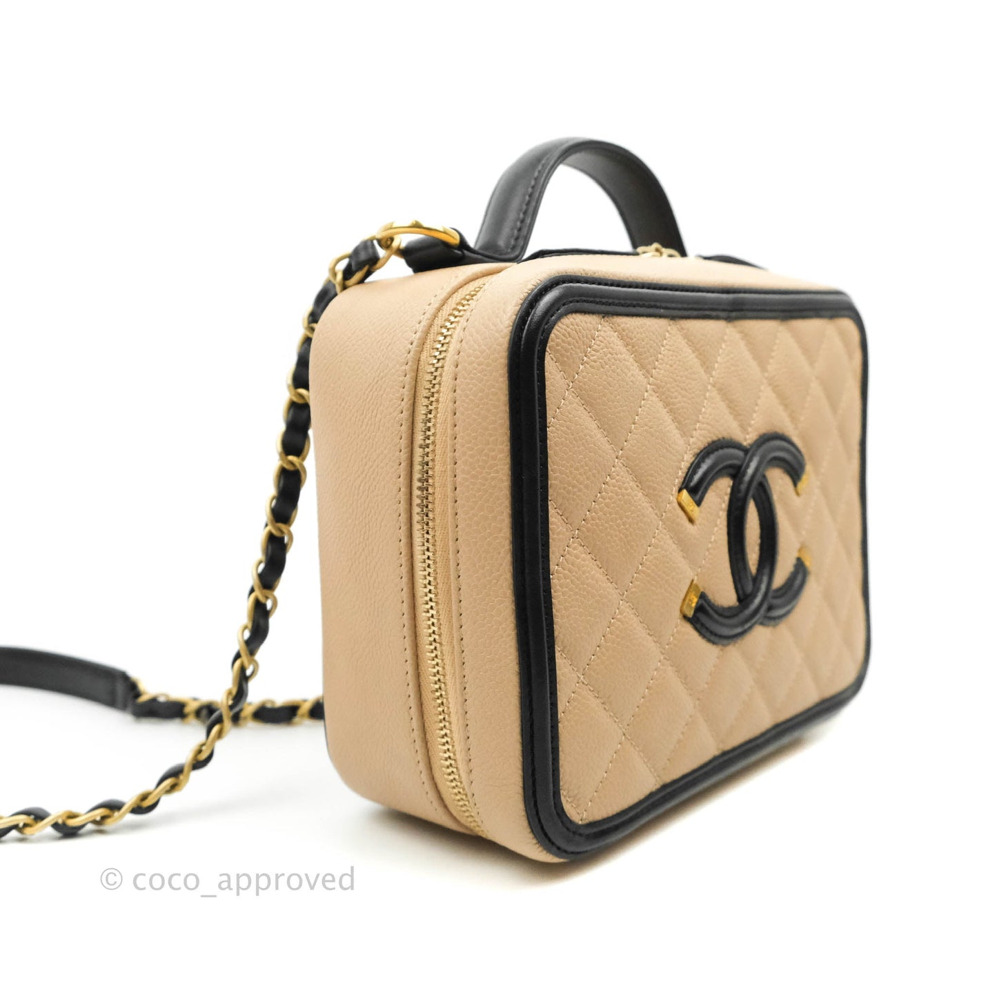 Chanel Quilted Medium CC Filigree Vanity Case Beige Caviar Gold Hardware