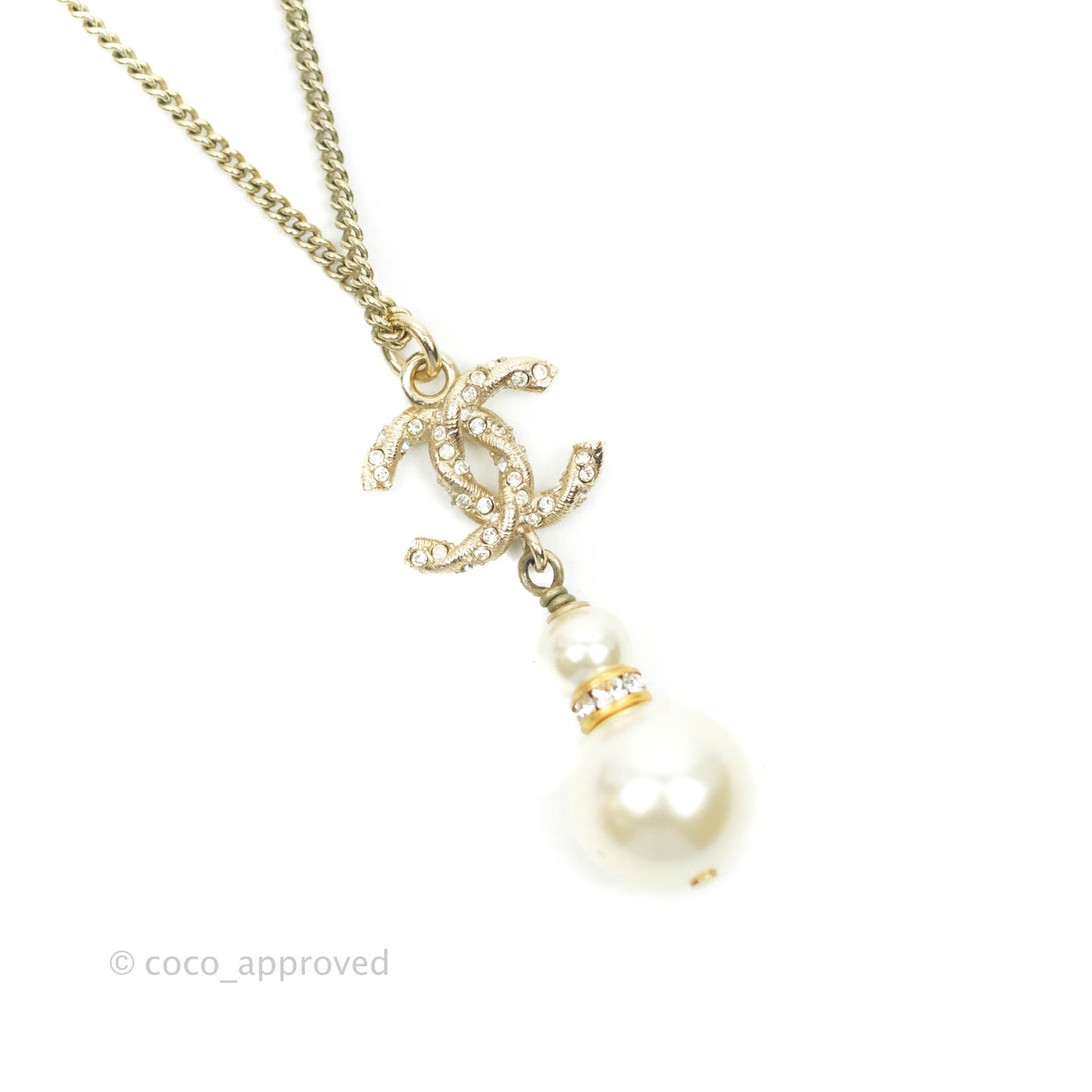 Chanel Crystal Pearl CC Drop Necklace Gold 18B