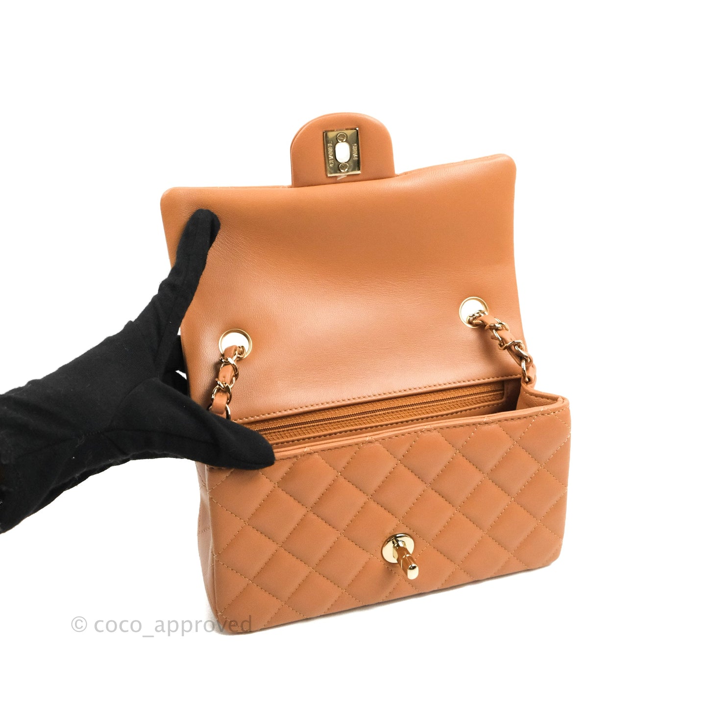 Chanel Quilted Mini Rectangular Flap Caramel Lambskin Gold Hardware 21P