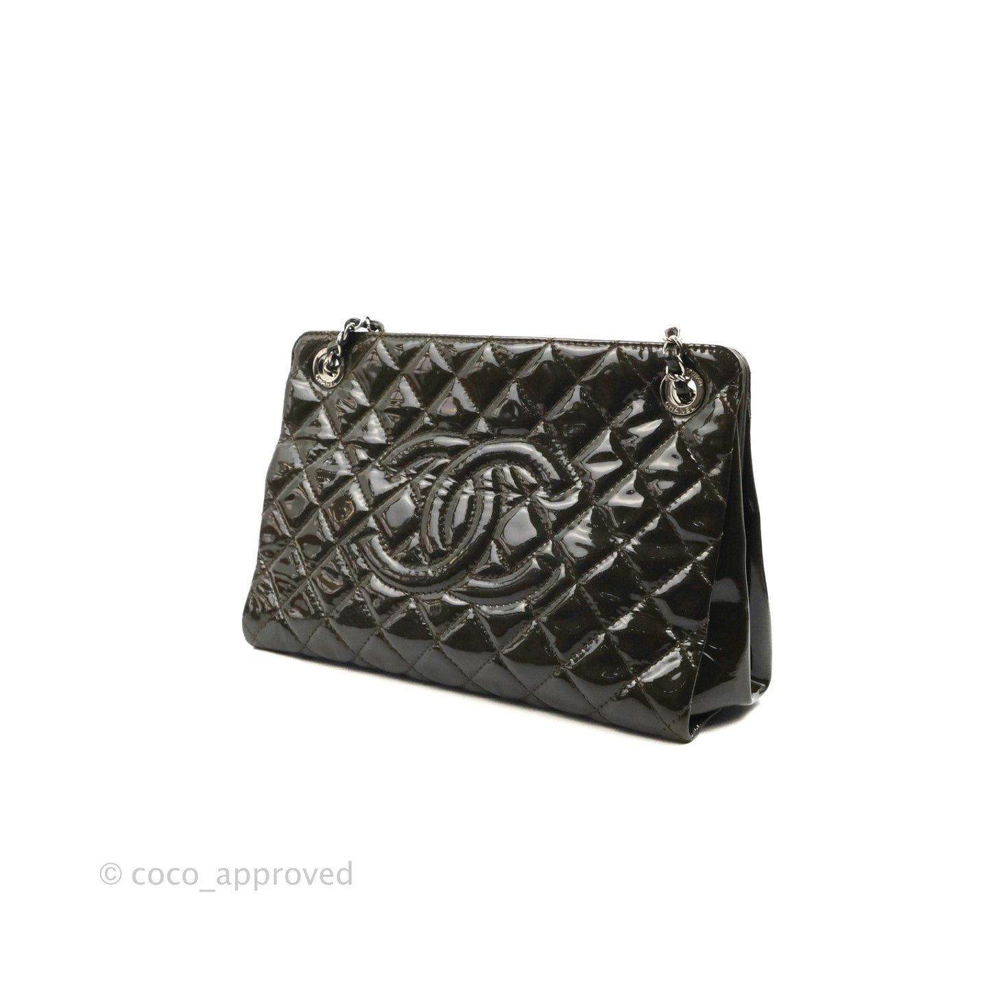 Chanel CC Tote Quilted Dark Green Patent Silver Hardware
