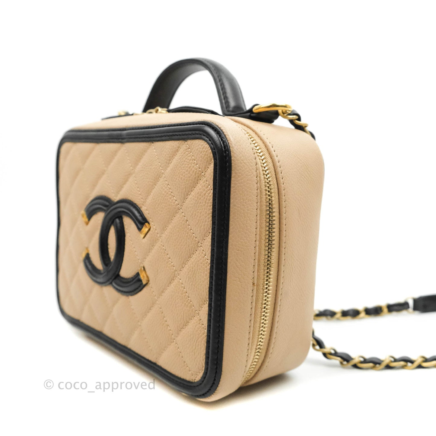 Chanel Quilted Medium CC Filigree Vanity Case Beige Caviar Gold Hardware