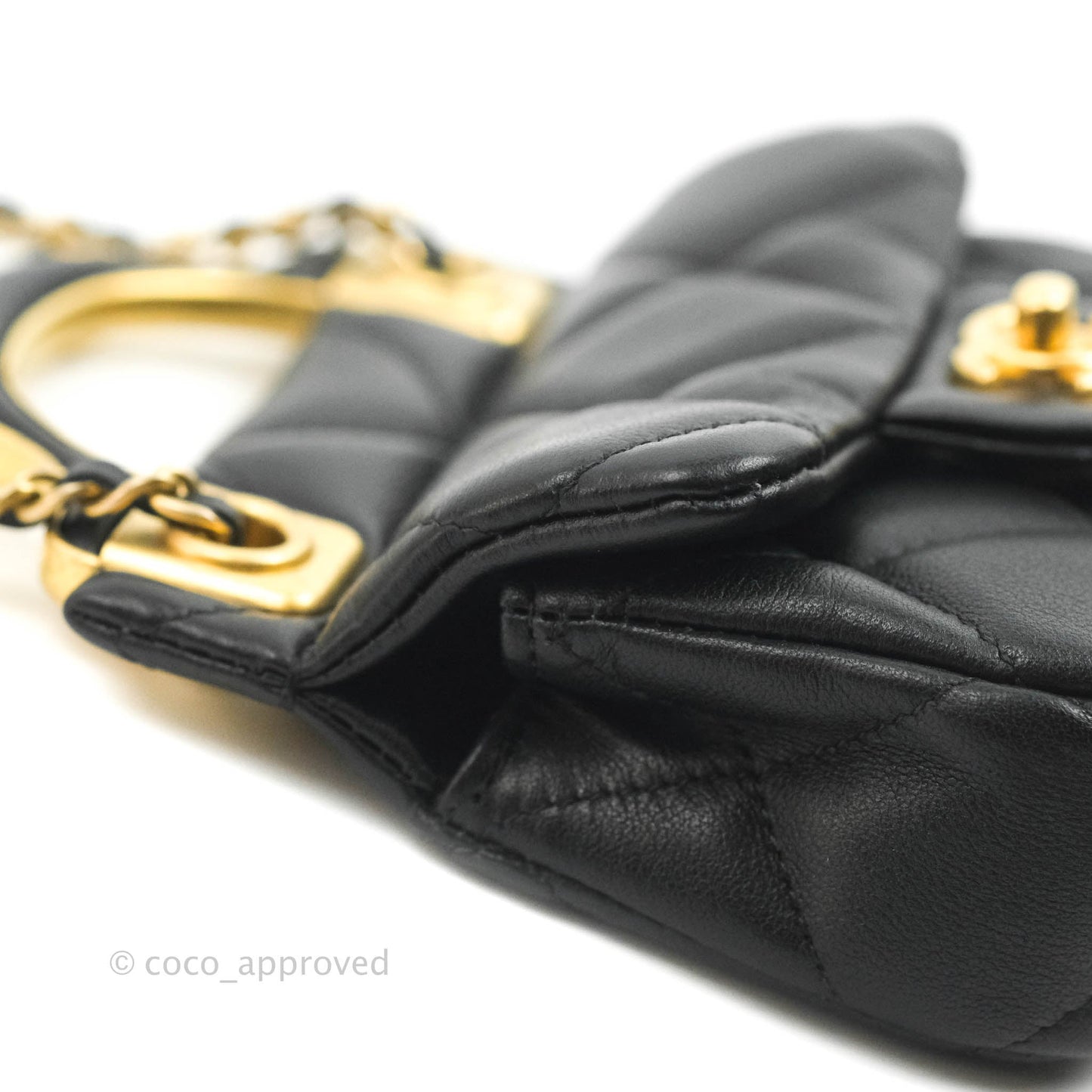 Chanel Quilted Lady Handle Flap Card Holder With Chain Black Calfskin Gold Hardware