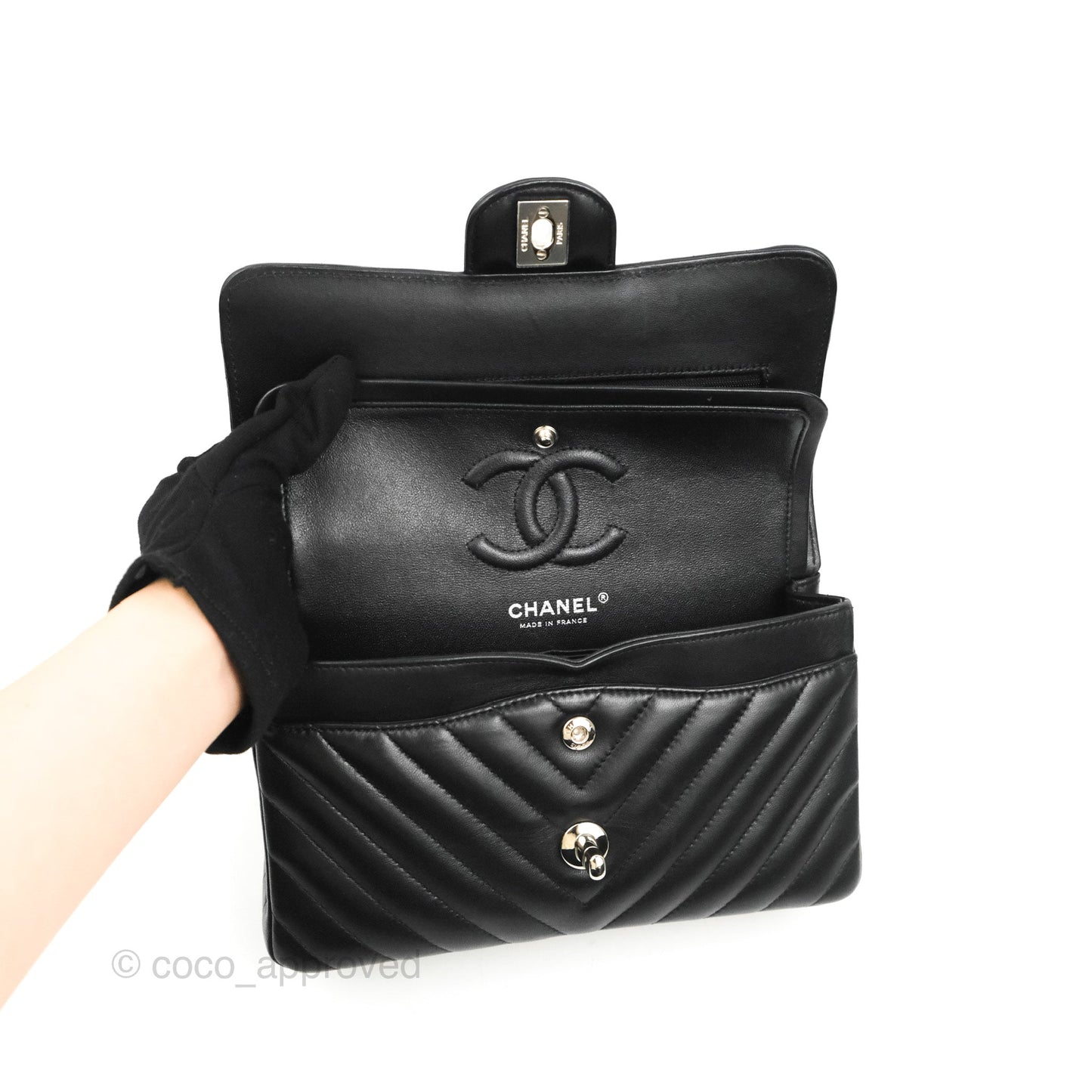 Chanel Small Classic Flap Chevron Black Lambskin Silver Hardware 21C