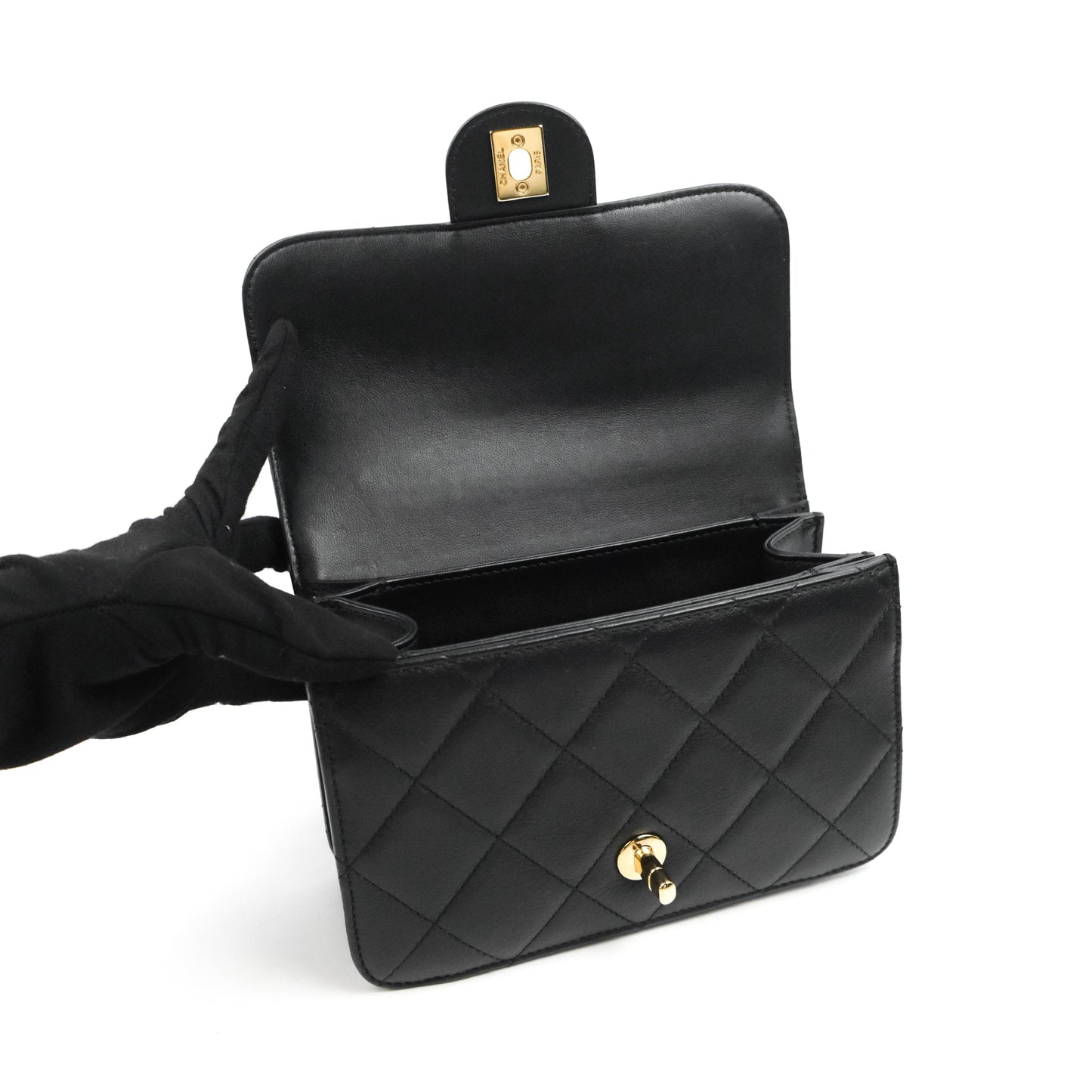 Chanel Small Coco Lady Quilted Flap Bag With Top Handle Black Calfskin Gold Hardware