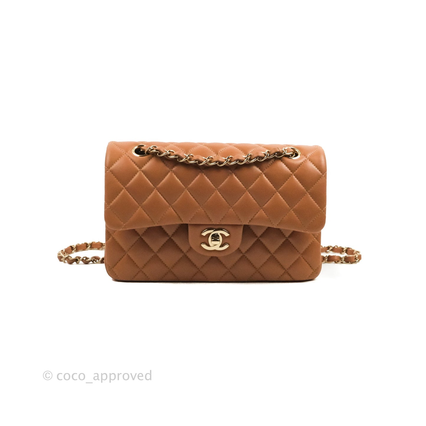 Chanel Small Classic Quilted Flap Dark Beige Caramel Lambskin Gold Hardware 21P